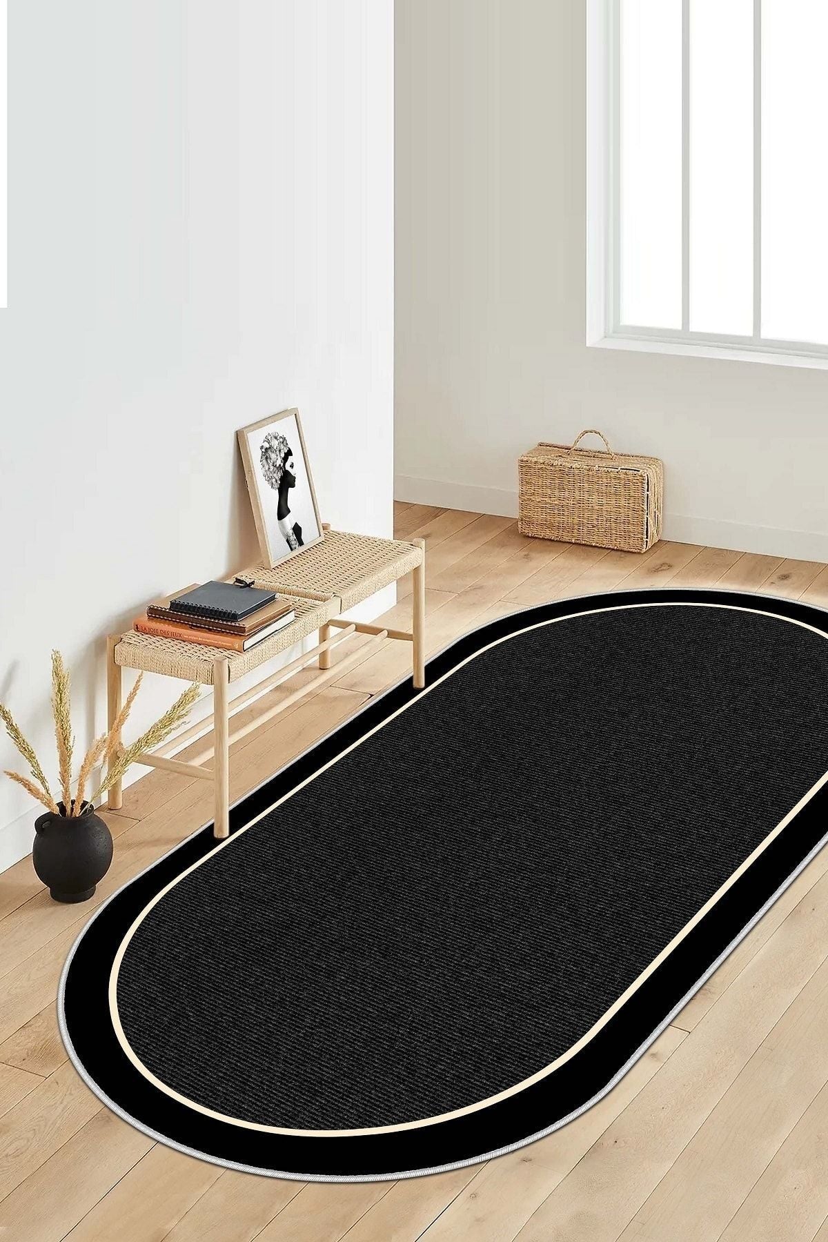 West Home Digital Print Washable Non-Slip Base Black Oval Kitchen Rug Living Room Rug And Runner 1