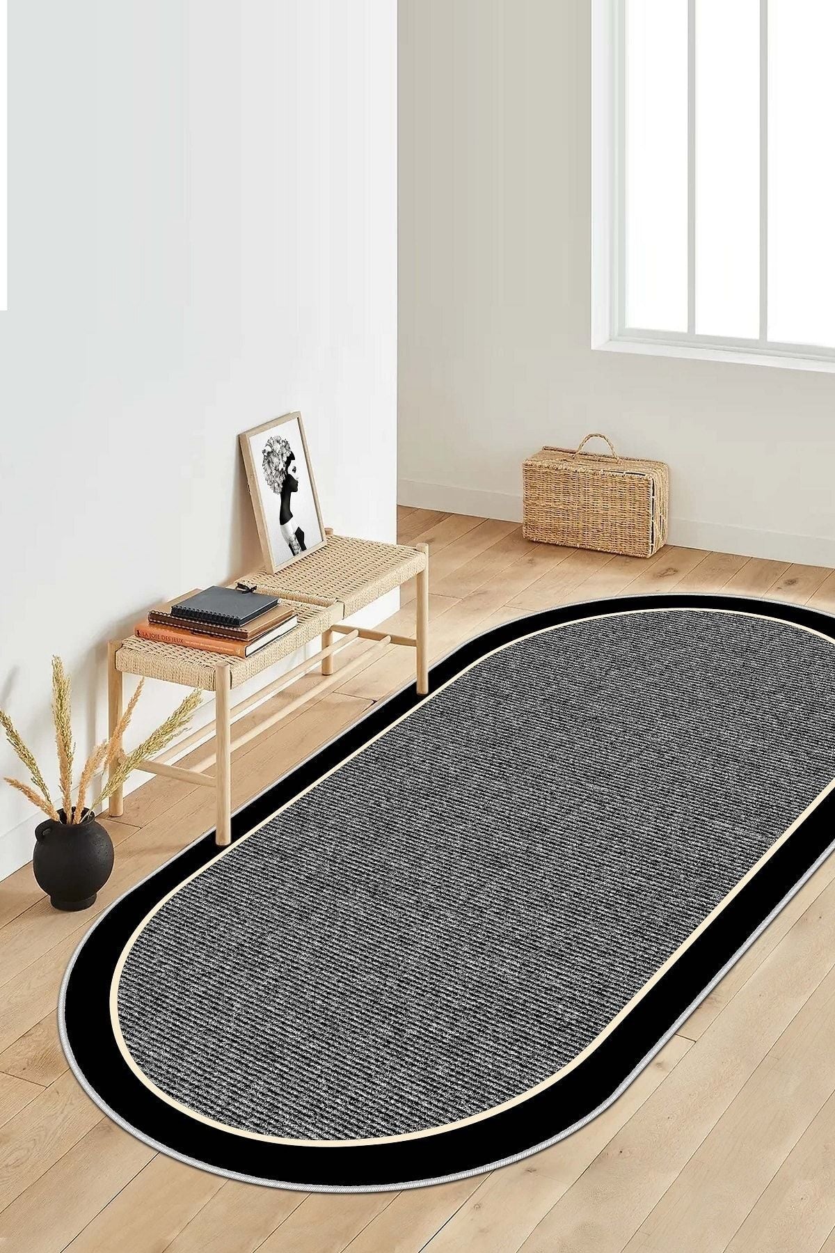 West Home Digital Print Washable Non-Slip Base Black Oval Kitchen Carpet Living Room Carpet And Runner 1