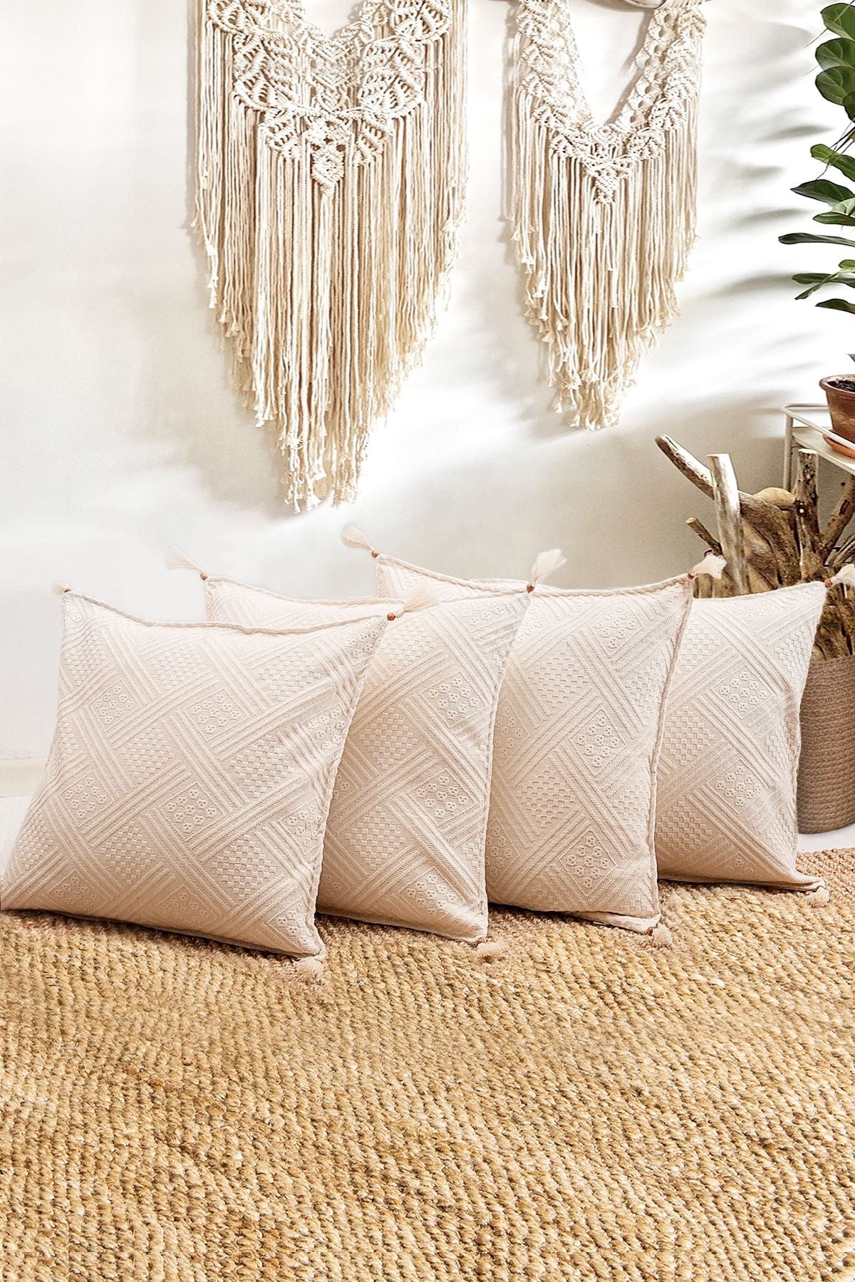 Realhomes 4-Piece Handmade Traditional Natural Buldan Fabric Organic Cotton Tassel Cushion Cover 1