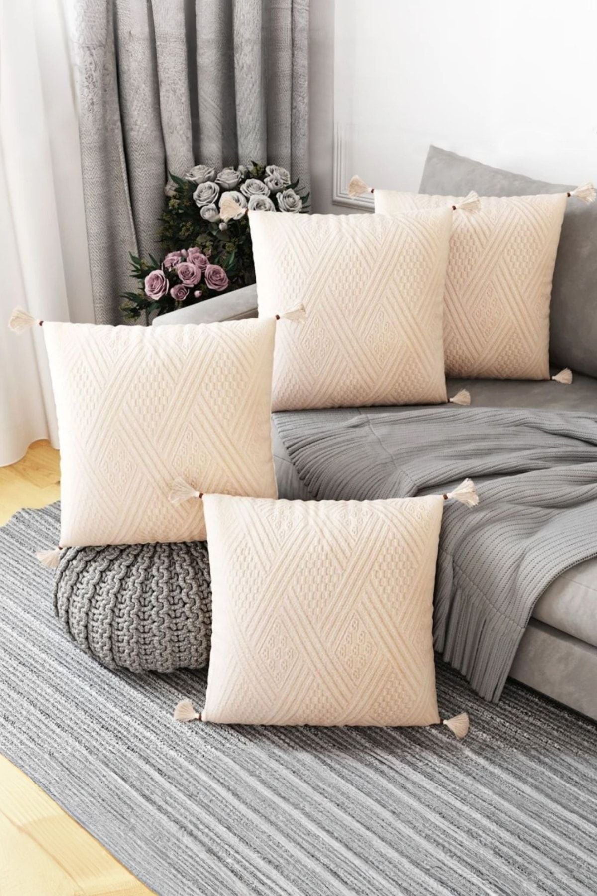 Realhomes 4-Piece Handmade Traditional Natural Buldan Fabric Organic Cotton Tassel Cushion Cover 3