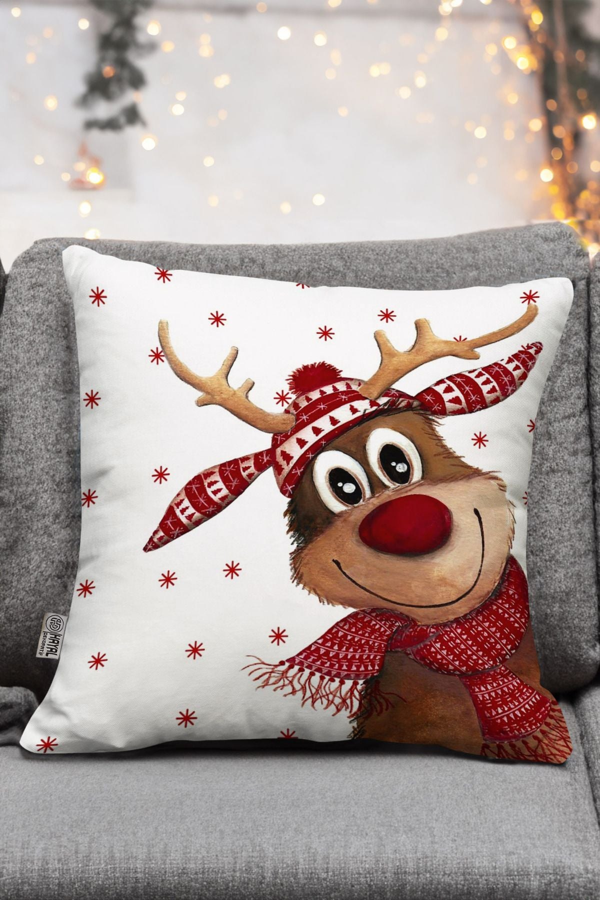 Hayal Dekoratif Christmas Themed Red White Snowflake Reindeer Design 4-Pack Digital Print Cushion Covers 3