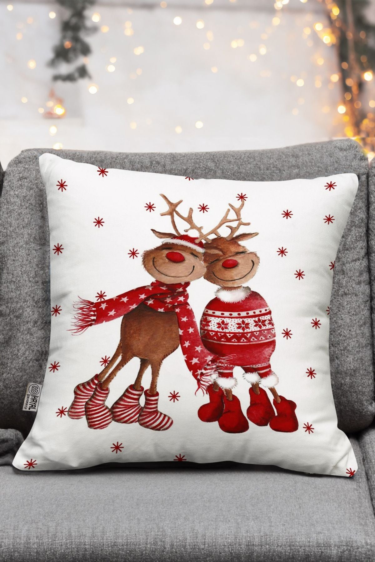 Hayal Dekoratif Christmas Themed Red White Snowflake Reindeer Design 4-Pack Digital Print Cushion Covers 4