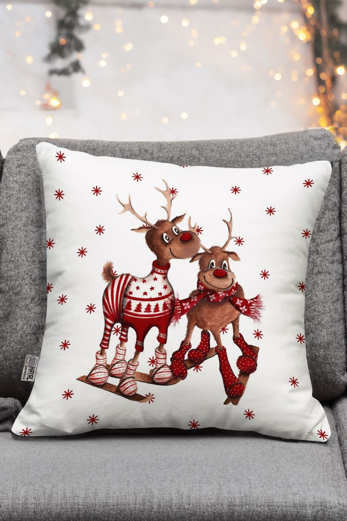 Hayal Dekoratif Christmas Themed Red White Snowflake Reindeer Design 4-Pack Digital Print Cushion Covers 5