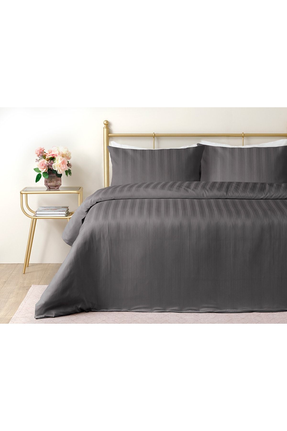 English Home Lior Striped Cotton Satin King Size Duvet Cover Set 240x220 Cm Anthracite 1