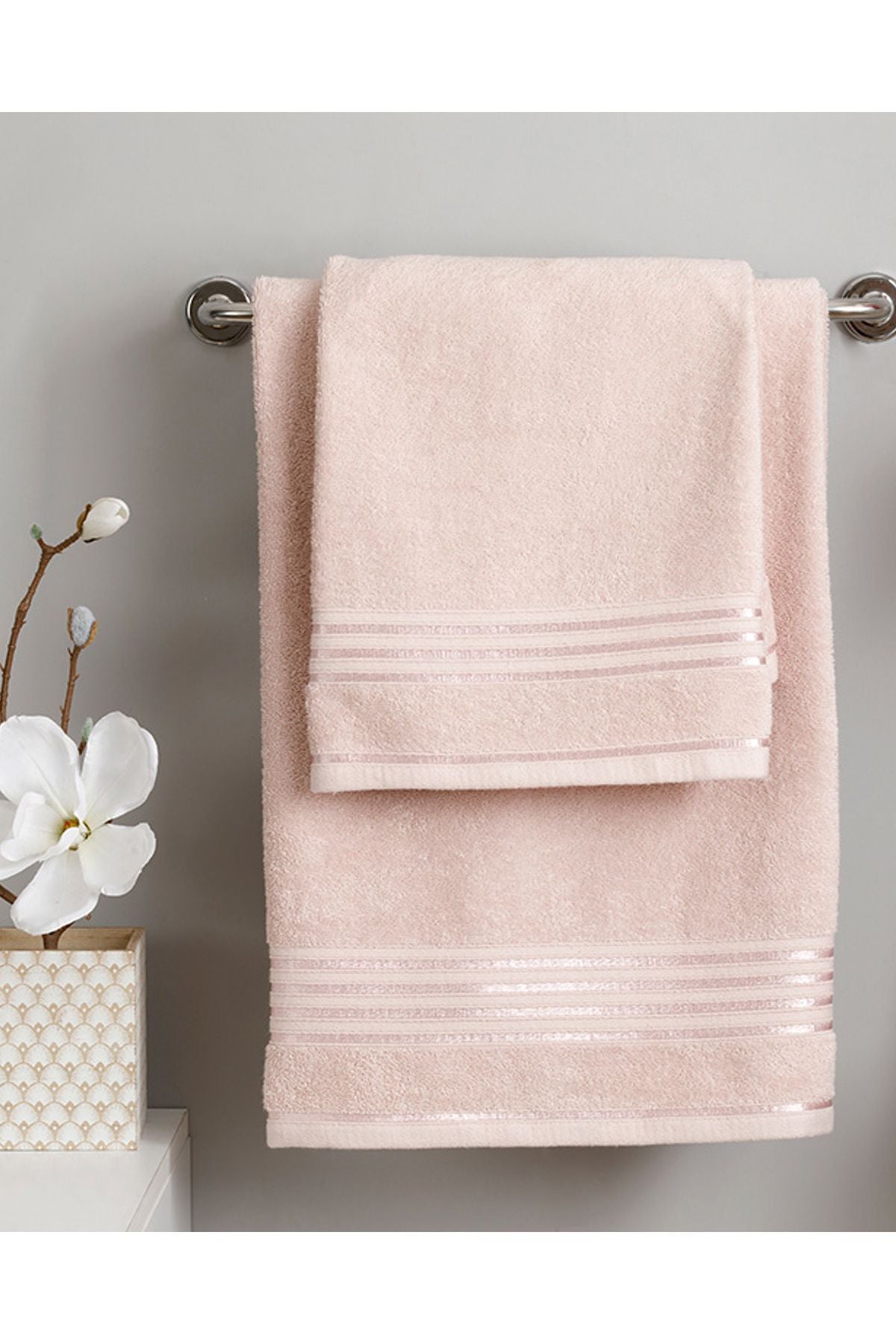 English Home Romantic Stripe Cotton Flossy Bath Towel Set Powder 1