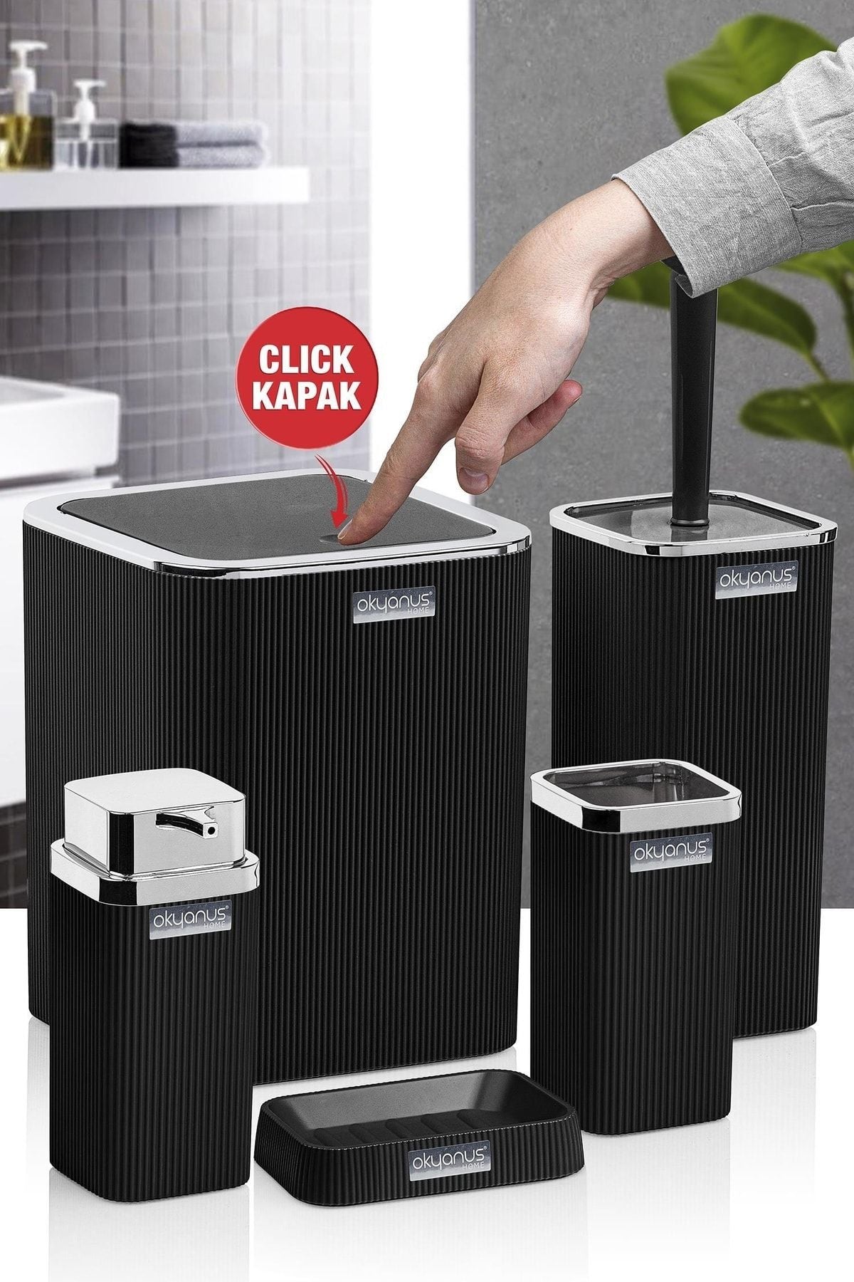 Okyanus Home Stella Black Chrome Striped Square 5-Piece Bathroom Set 1