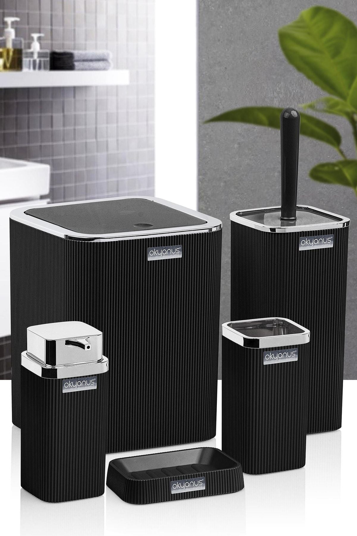 Okyanus Home Stella Black Chrome Striped Square 5-Piece Bathroom Set 4