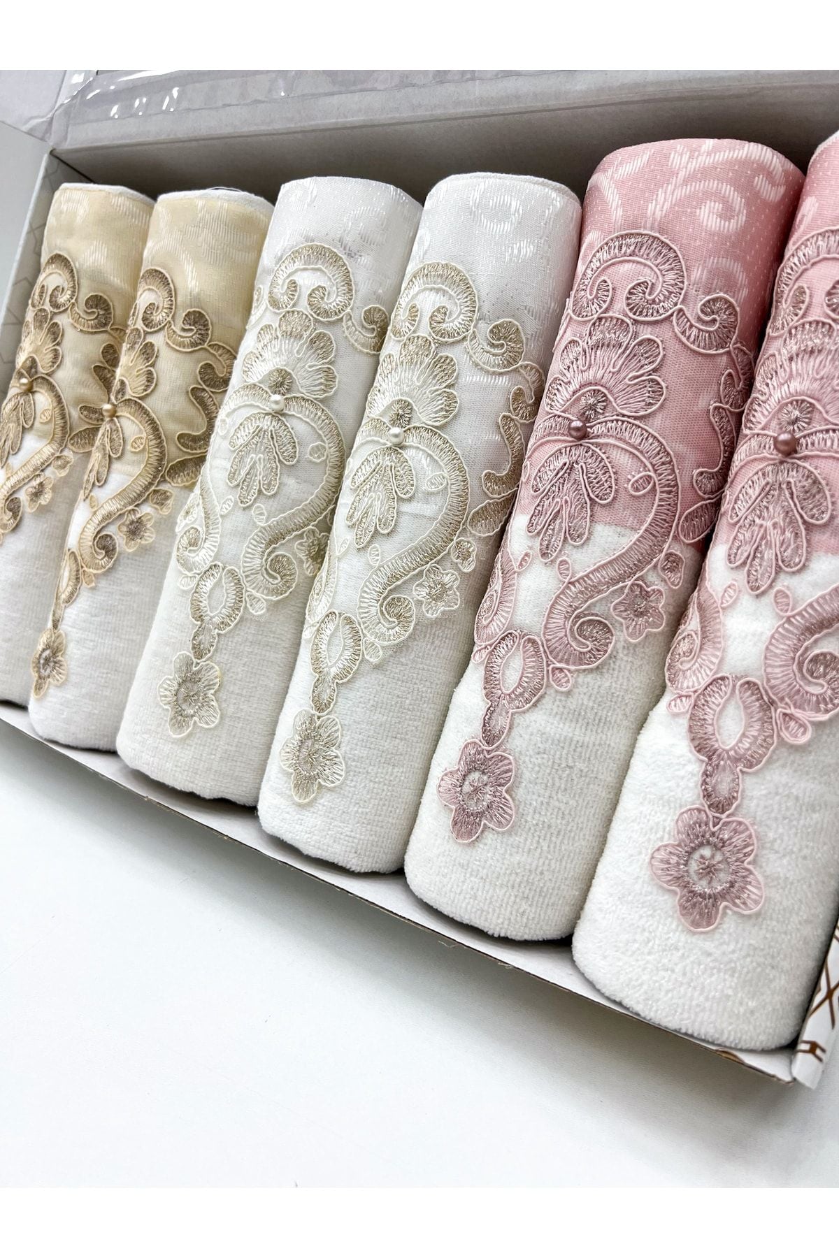 AYHANHOME Lace Satin Embroidered Patterned Boxed Luxury Bridal 50x90 6-Piece Hand Face Towel Set 1