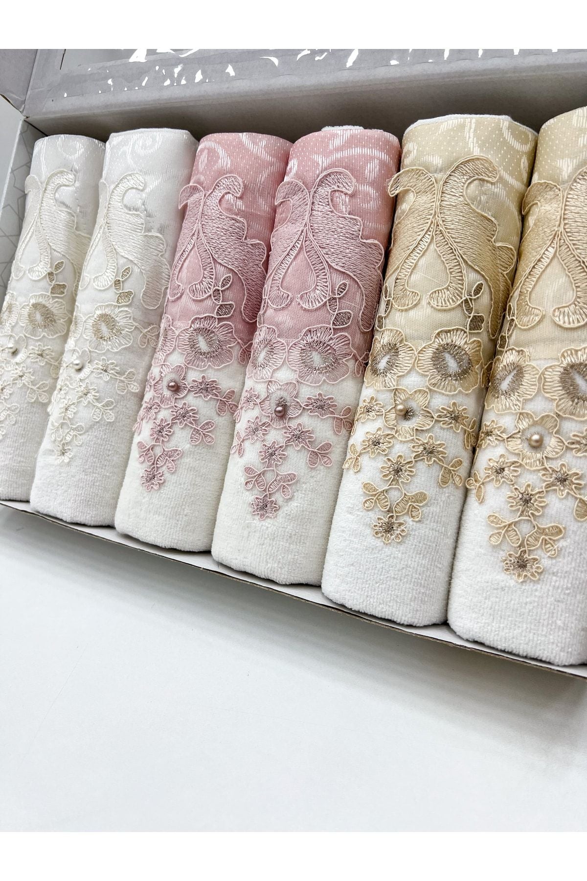 AYHANHOME Lace Satin Embroidered Patterned Boxed Luxury Bridal 50x90 6-Piece Hand Face Towel Set 3