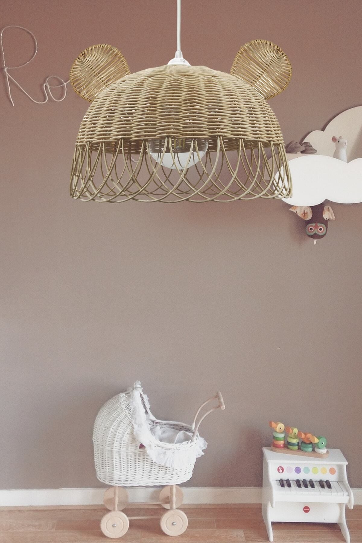 Belkıs Rattan Rattan, Bamboo, Wicker Pendant Lamp Rabbit, Bear Ears Kids Room White Socket 3