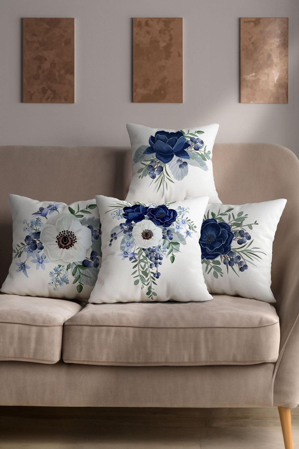 HayaLcarpet Nature-Themed Blue White Floral Pattern 4-Piece Digital Printed Cushion Covers 1