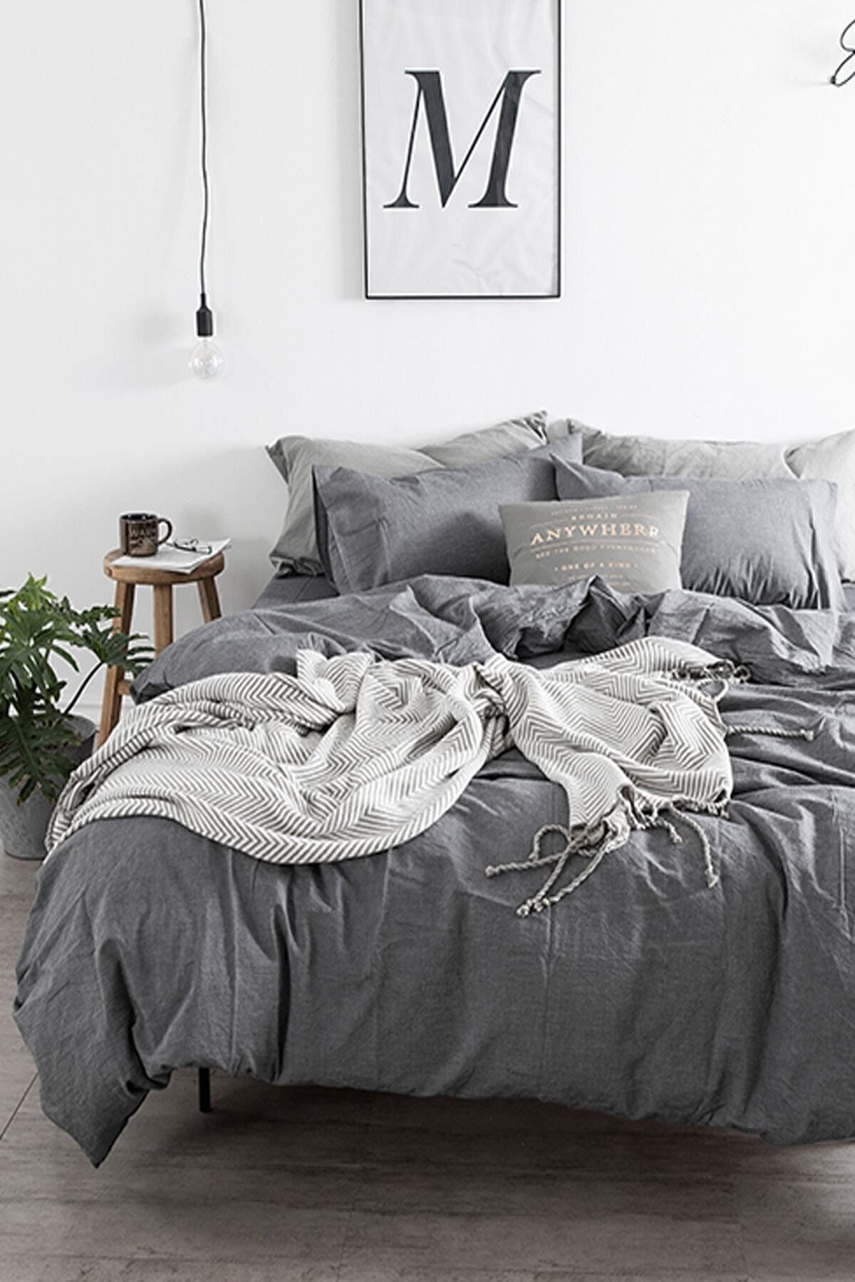 İQON Fitted Sheet Duvet Cover Set Double Size Grey-Grey 5776s 3