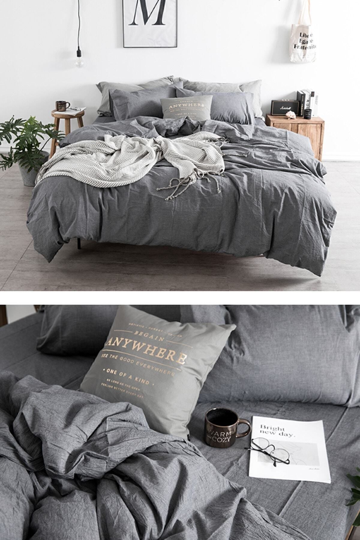 İQON Fitted Sheet Duvet Cover Set Double Size Grey-Grey 5776s 5