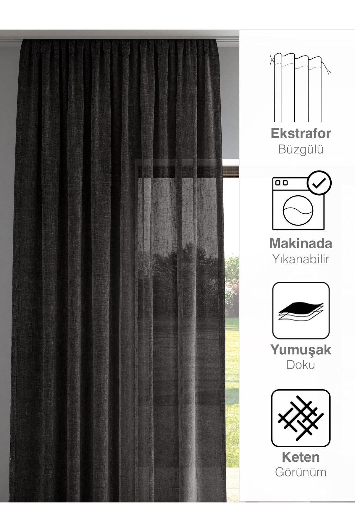 Perle Black Color Linen-Look Flat Sheer Curtain Iron-Free 3