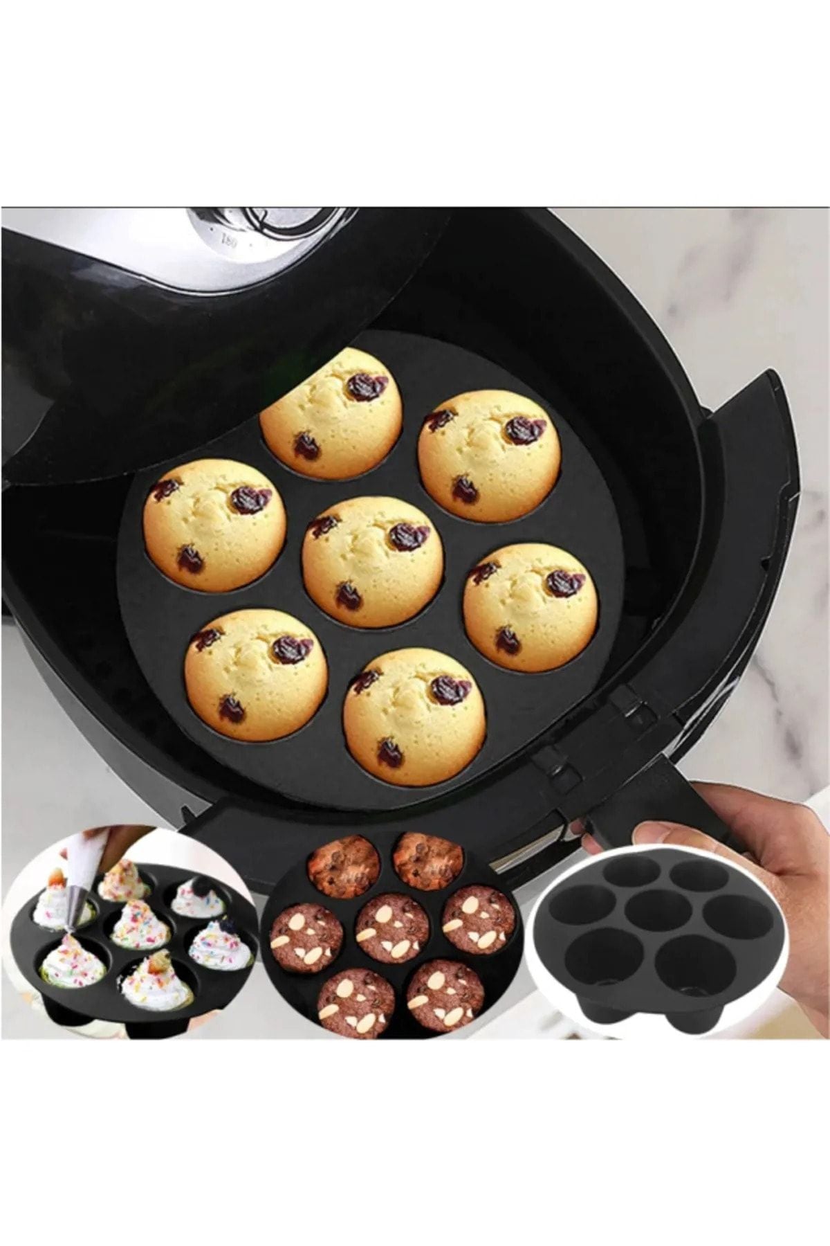 ARNILLO Airfryer Silicone Muffin Cake Mold 7-Cup Cake And Pastry Baking Mold Ice Cream Mold Black 4