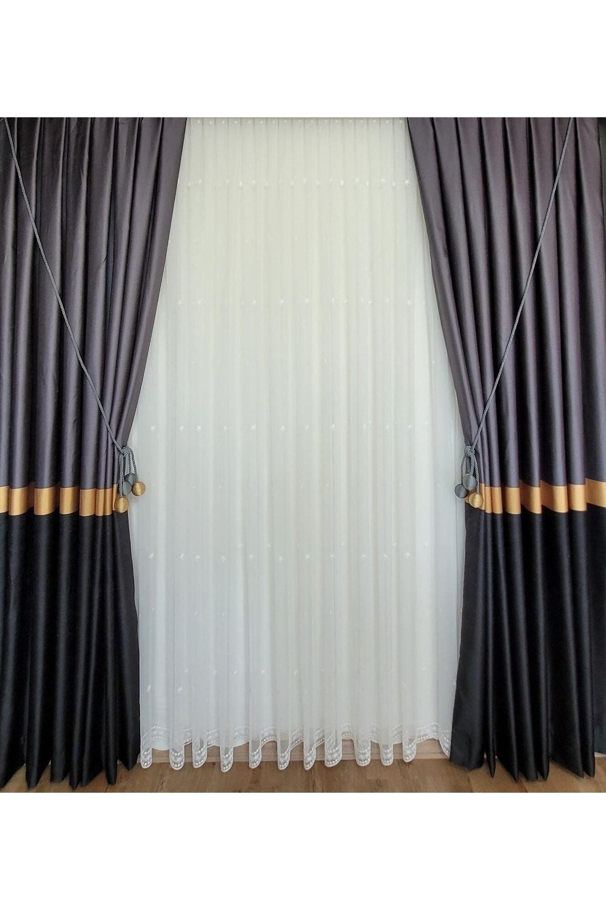 Yuka Şantuklu Milano Adde Pano Curtain Dark Grey Black Gold Striped Single Wing Tight Pleated 80 X 260 2