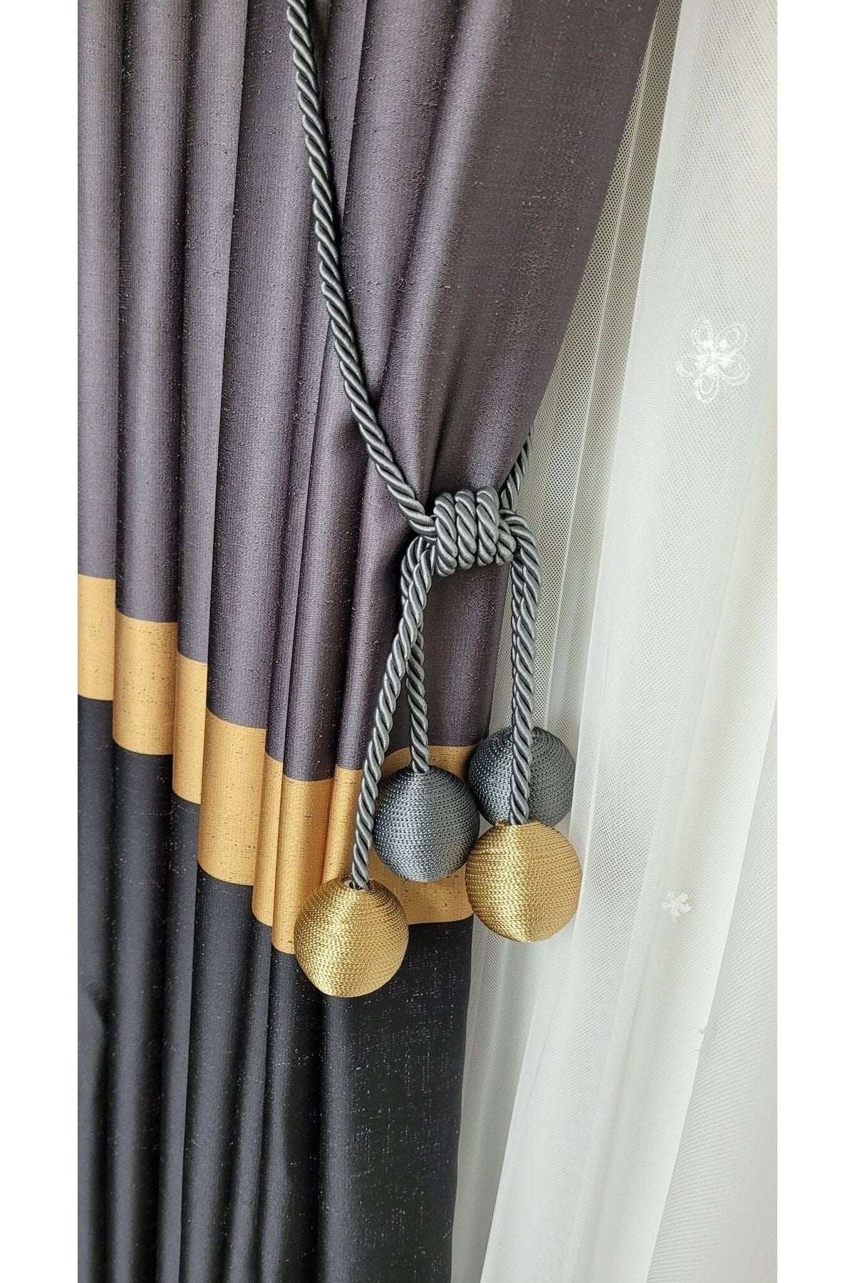 Yuka Şantuklu Milano Adde Pano Curtain Dark Grey Black Gold Striped Single Wing Tight Pleated 80 X 260 3