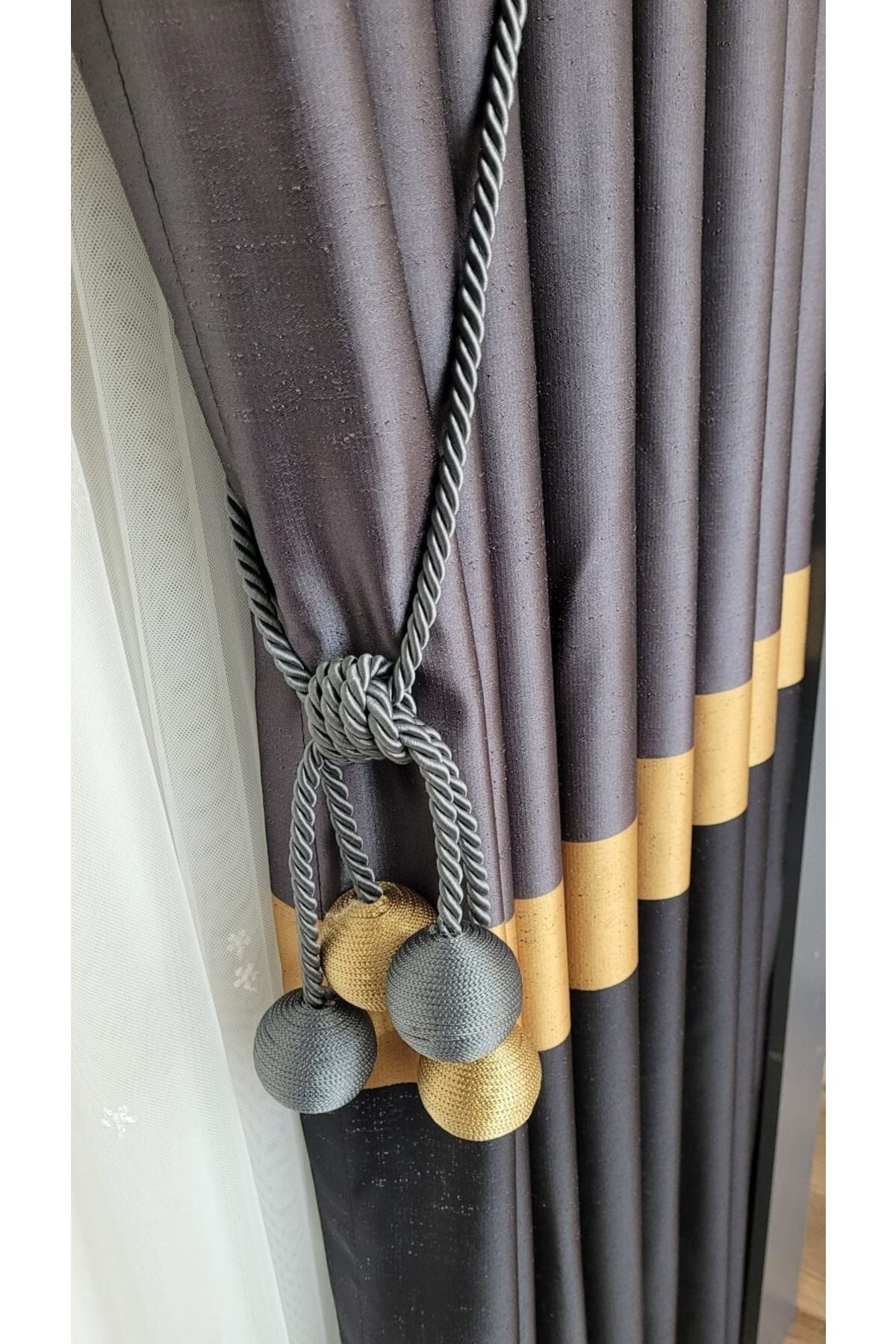 Yuka Şantuklu Milano Adde Pano Curtain Dark Grey Black Gold Striped Single Wing Tight Pleated 80 X 260 4