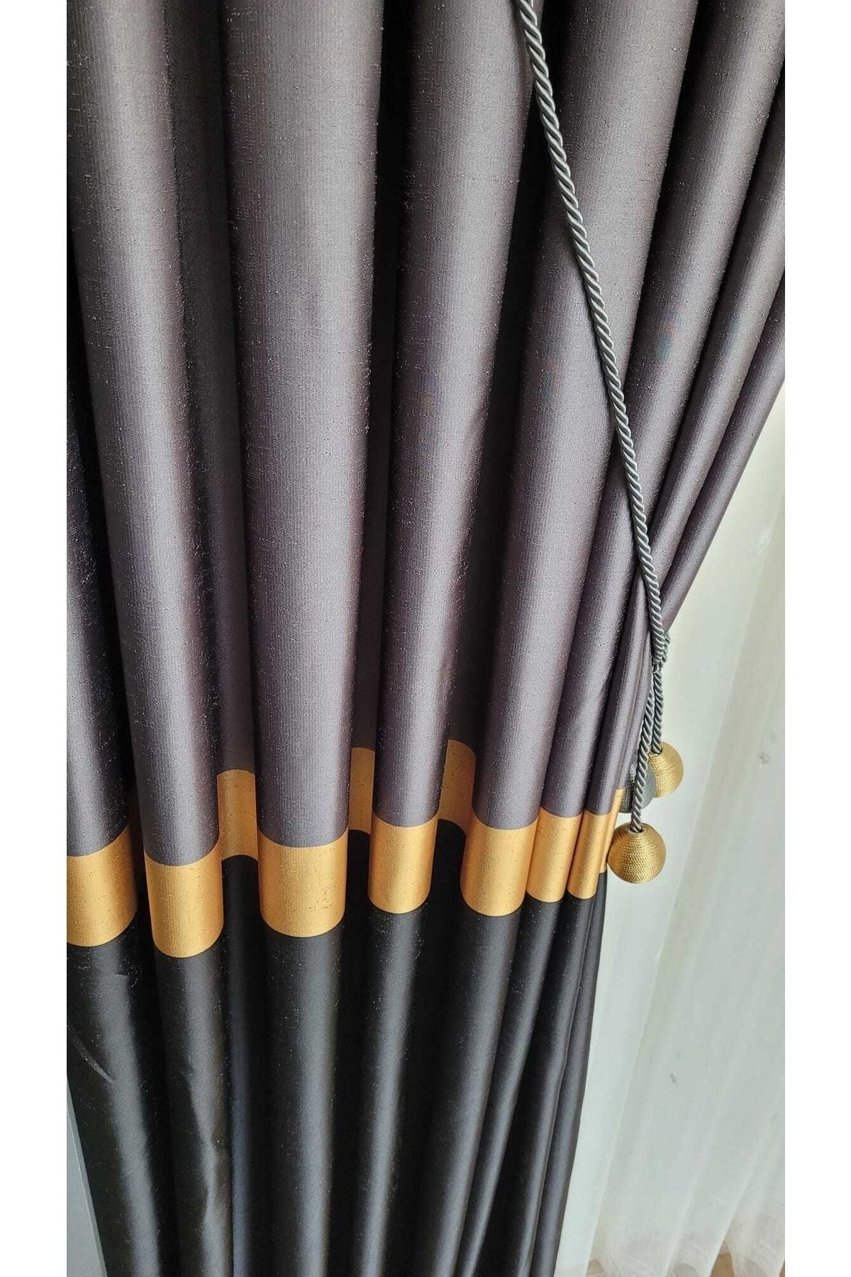 Yuka Şantuklu Milano Adde Pano Curtain Dark Grey Black Gold Striped Single Wing Tight Pleated 80 X 260 5