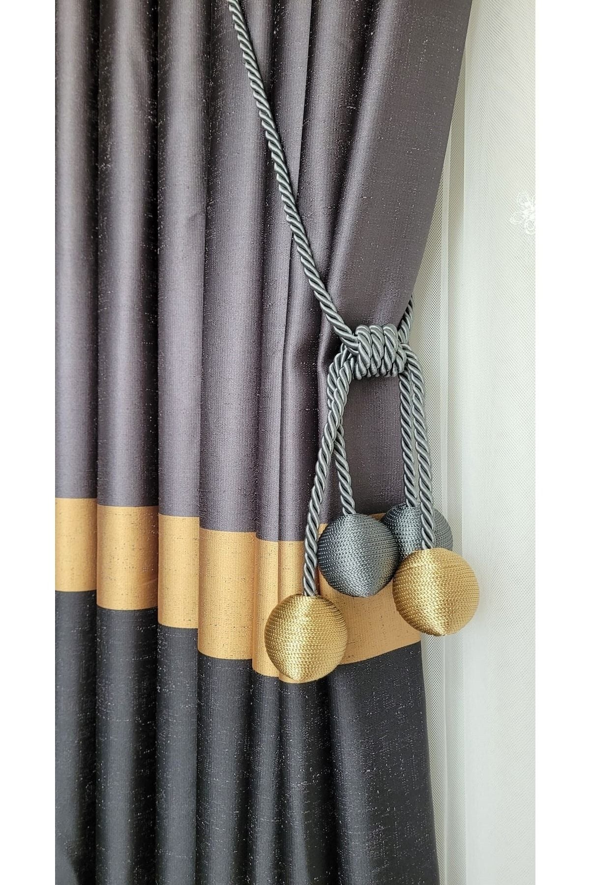 Yuka Şantuklu Milano Adde Pano Curtain Dark Grey Black Gold Striped Single Wing Tight Pleated 80 X 260 6