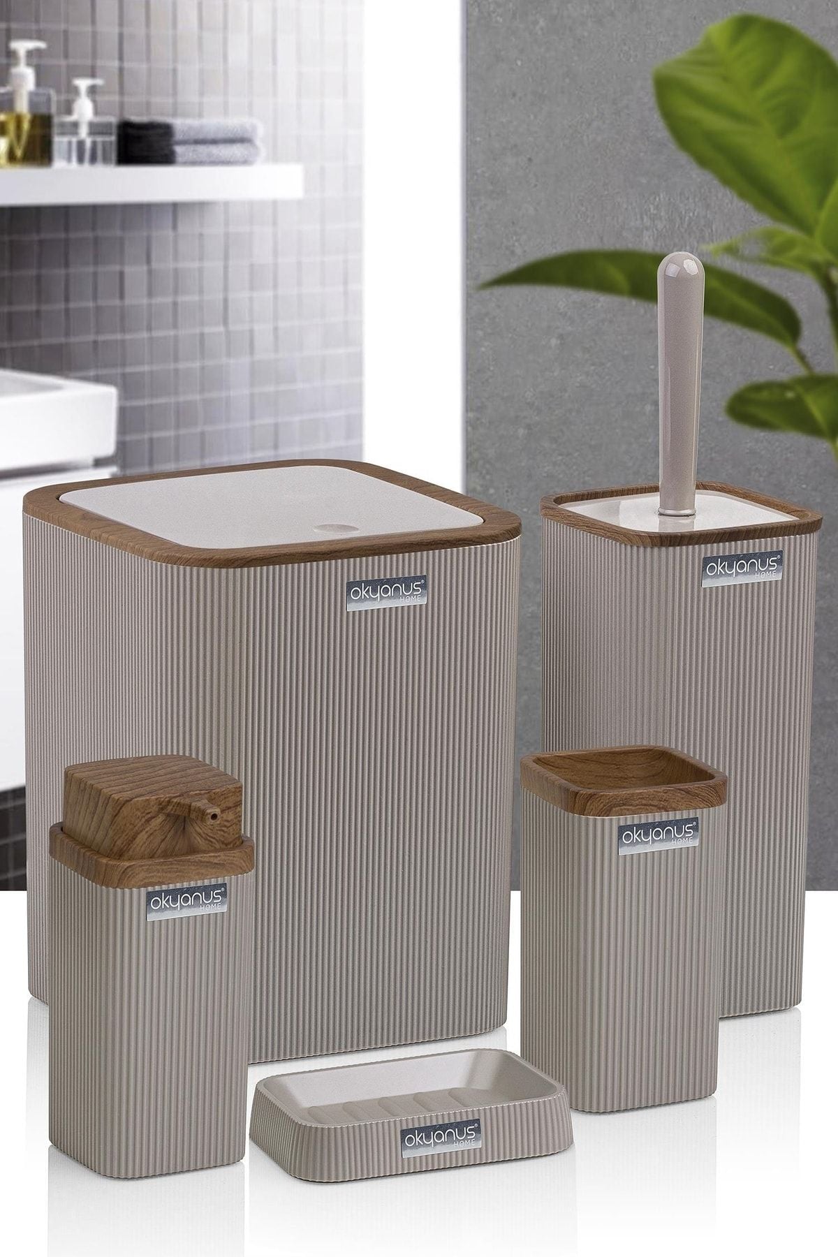 Okyanus Home Stella Vizon Wooden Patterned Striped 5-Piece Bathroom Set 4