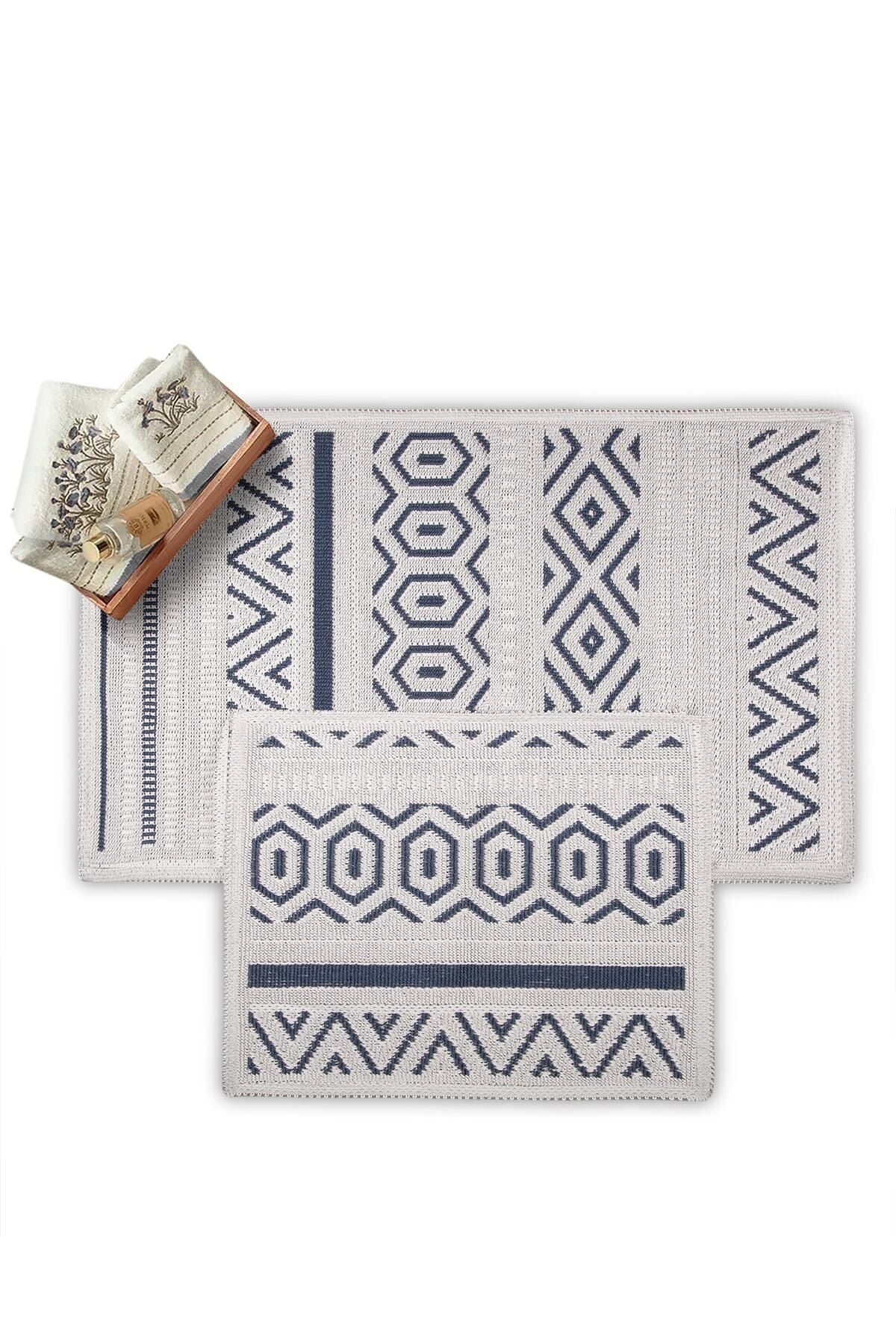 Bluenity Hat Natural Cotton 2-Piece Bath Mat Set 60x100 50x60 Cm - Navy Blue 2