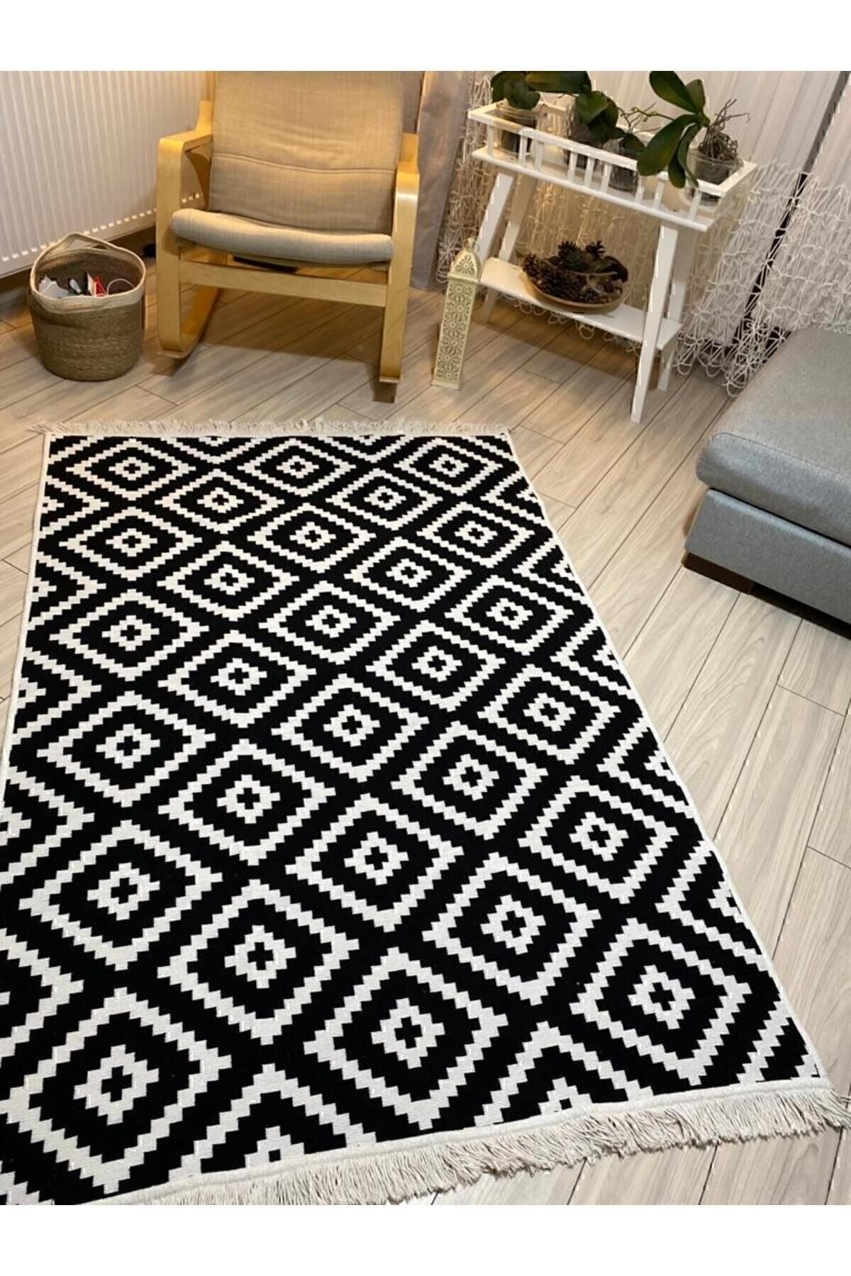 Stay With Love Double-Sided Rug Modern Pattern Washable Cotton Woven Rug Black White 2