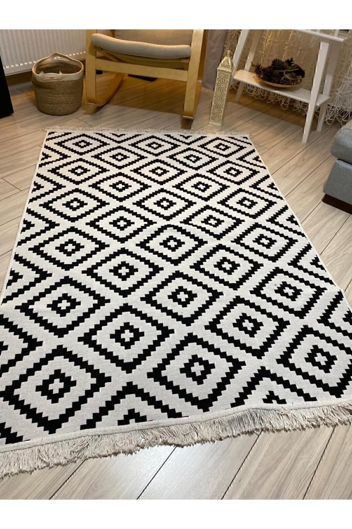 Stay With Love Double-Sided Rug Modern Pattern Washable Cotton Woven Rug Black White 3