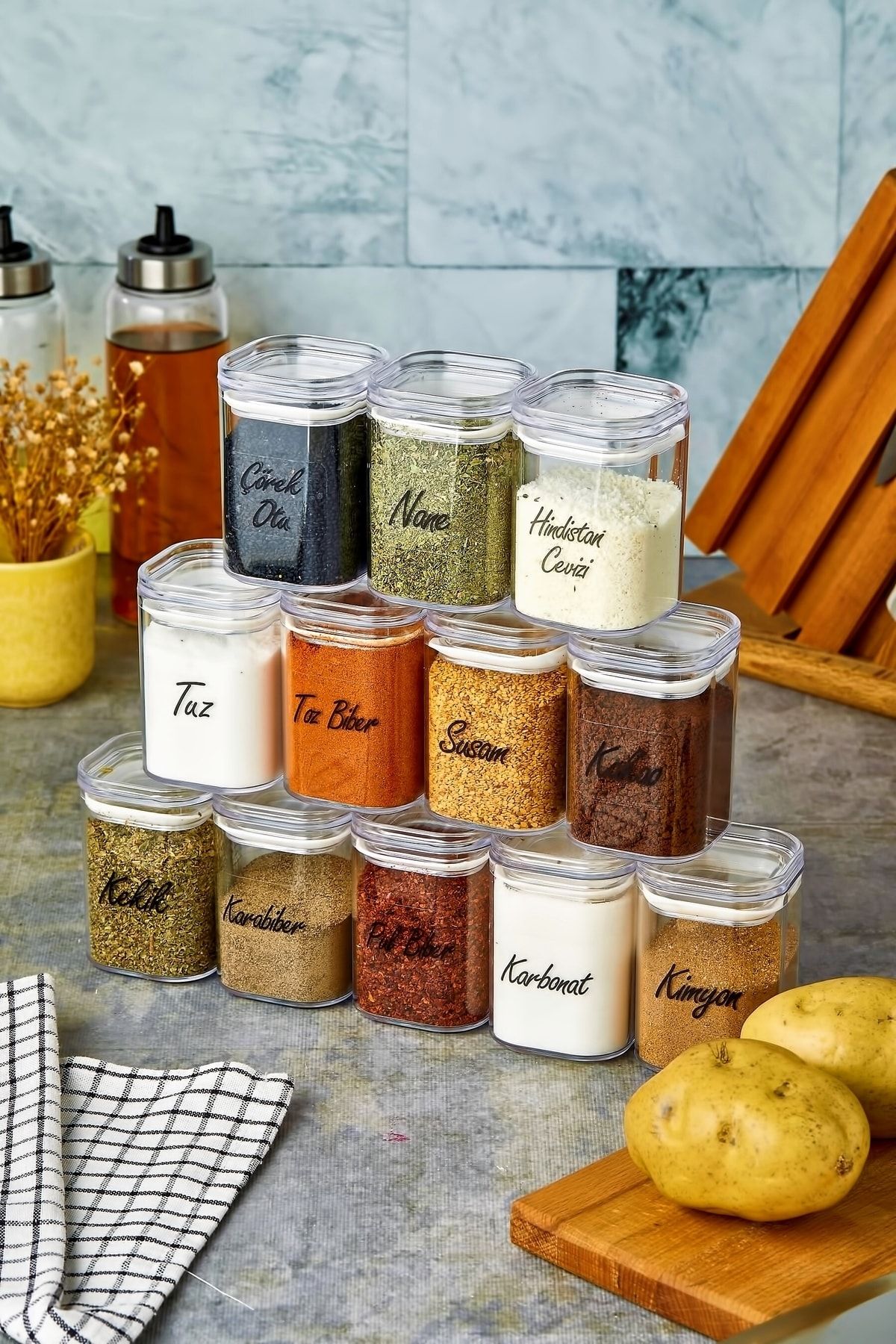 FBZhome 12-Piece 200 ml Transparent Labeled Acrylic Spice Jar Set 1