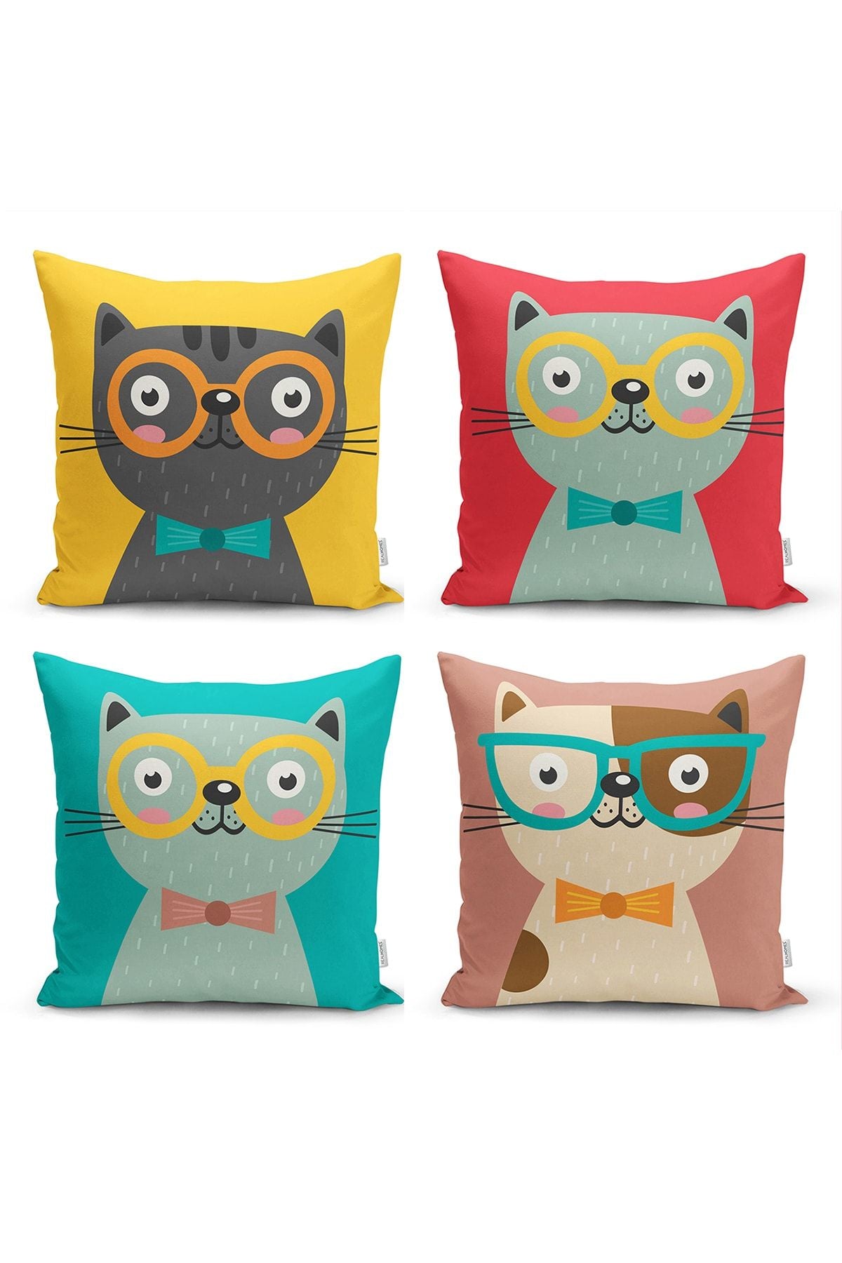 Realhomes Colorful Cute Kitty Printed 4-Piece Cushion Cover Set 1