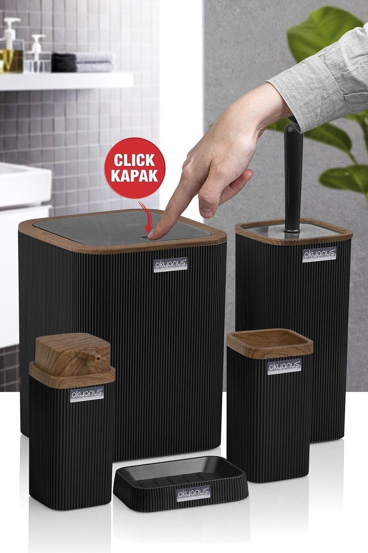 Okyanus Home Stella Black Wood Patterned Striped 5-Piece Bathroom Set 1