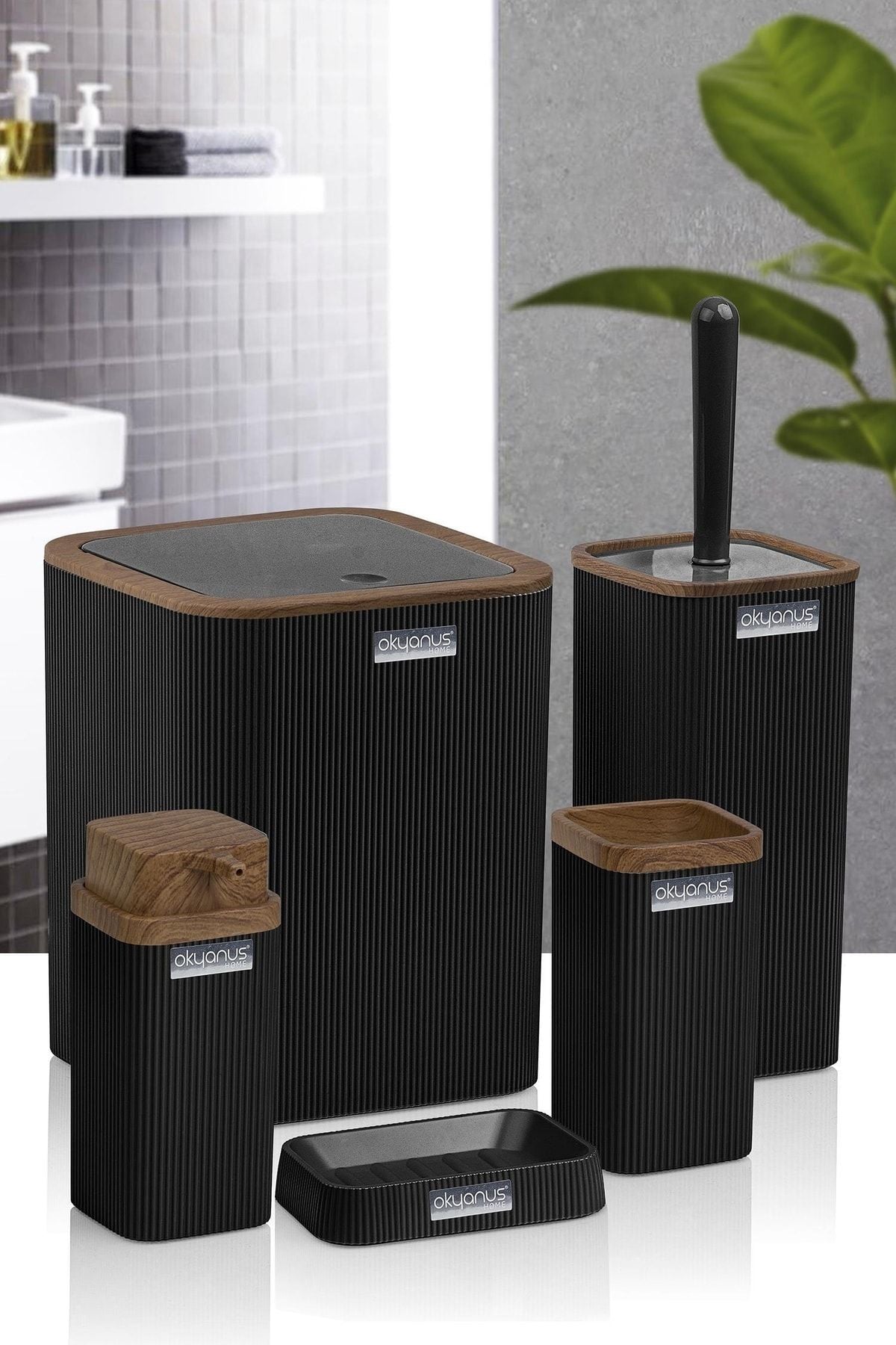 Okyanus Home Stella Black Wood Patterned Striped 5-Piece Bathroom Set 4