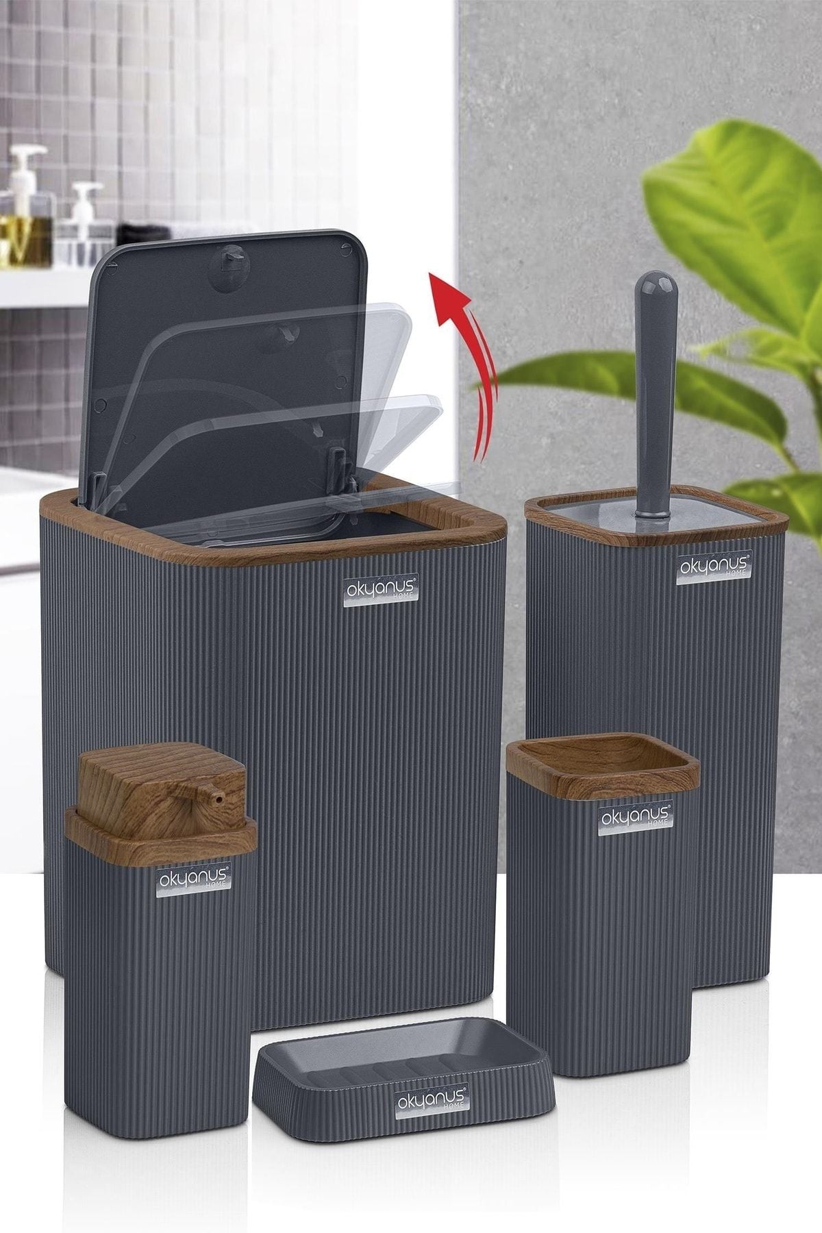 Okyanus Home Stella Anthracite Wood Patterned Striped 5-Piece Bathroom Set 2