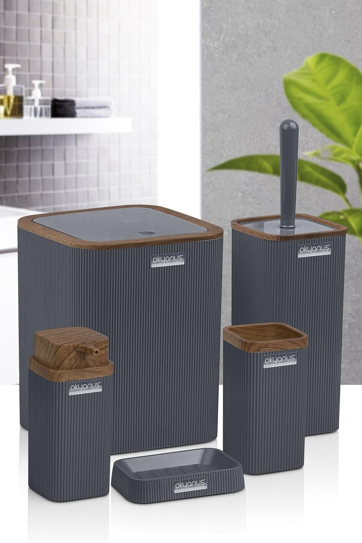 Okyanus Home Stella Anthracite Wood Patterned Striped 5-Piece Bathroom Set 4