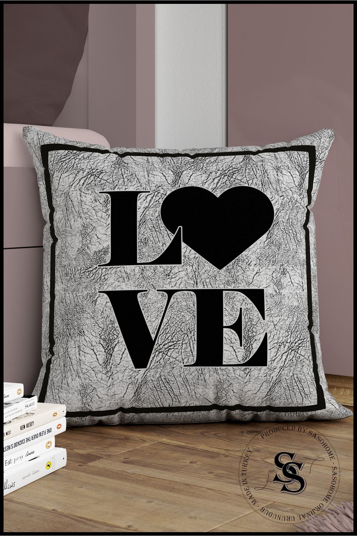 SasoHome Gray Lettered Cushion Cover - Love - Decorative Digital Printed Gift Cushion Cover 1