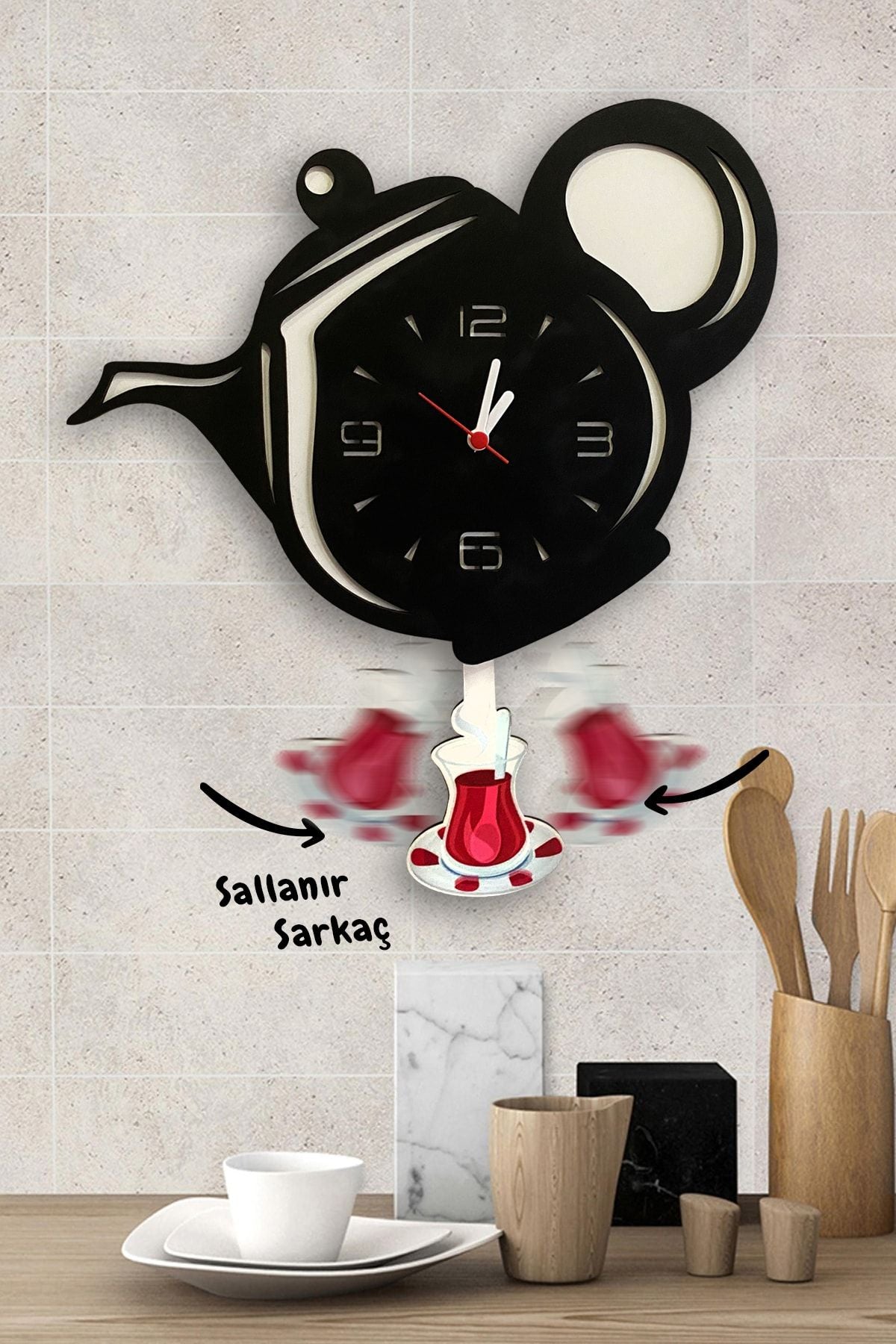 Sokaktaki Hediyem Black Teapot Swinging Wooden Kitchen Wall Clock 1