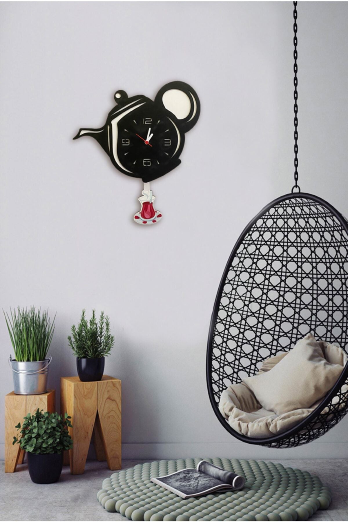 Sokaktaki Hediyem Black Teapot Swinging Wooden Kitchen Wall Clock 5