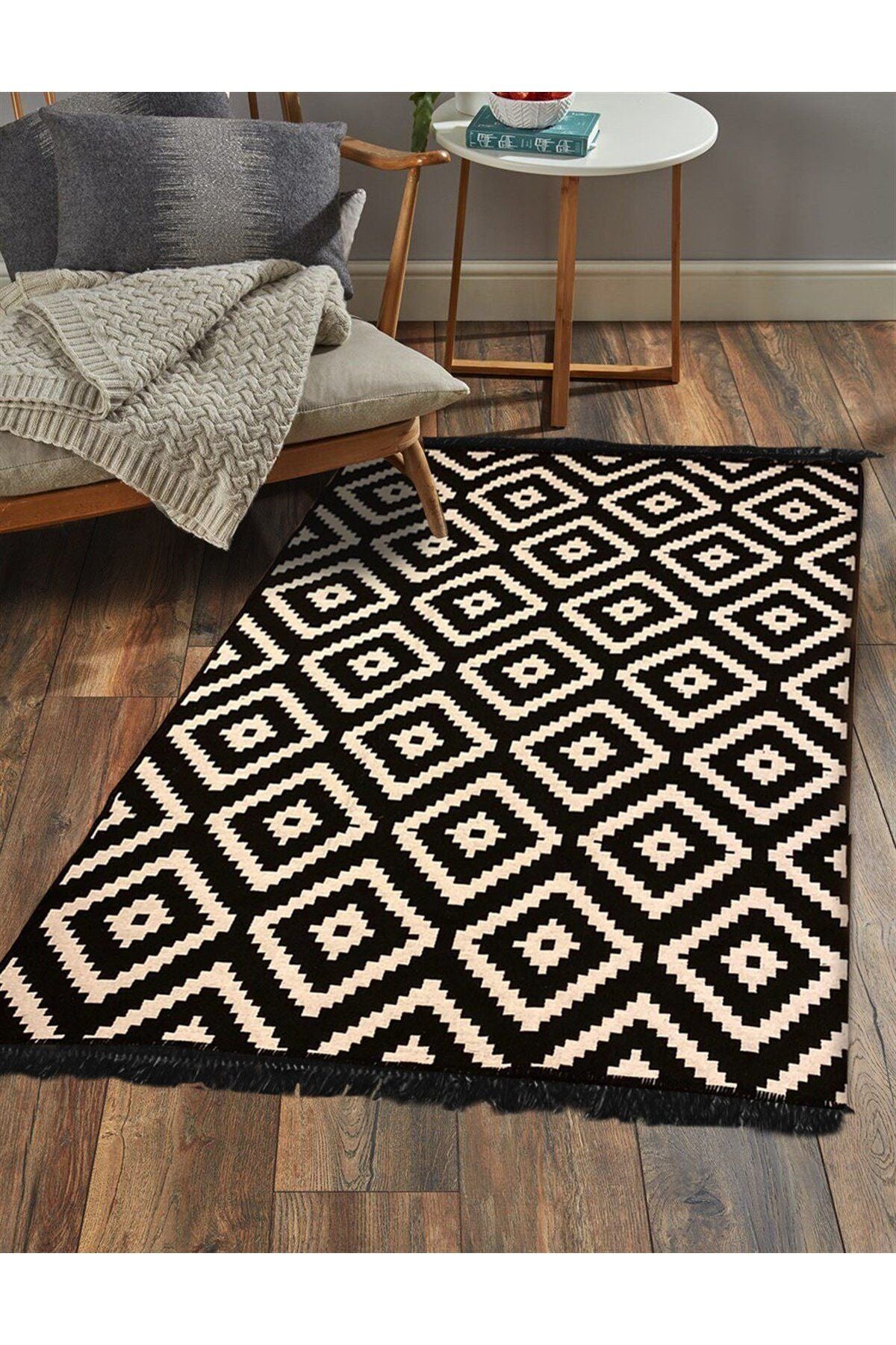 Markaev Cotton Black-White Double-Sided Washable Natural Cotton Kilim 02 1