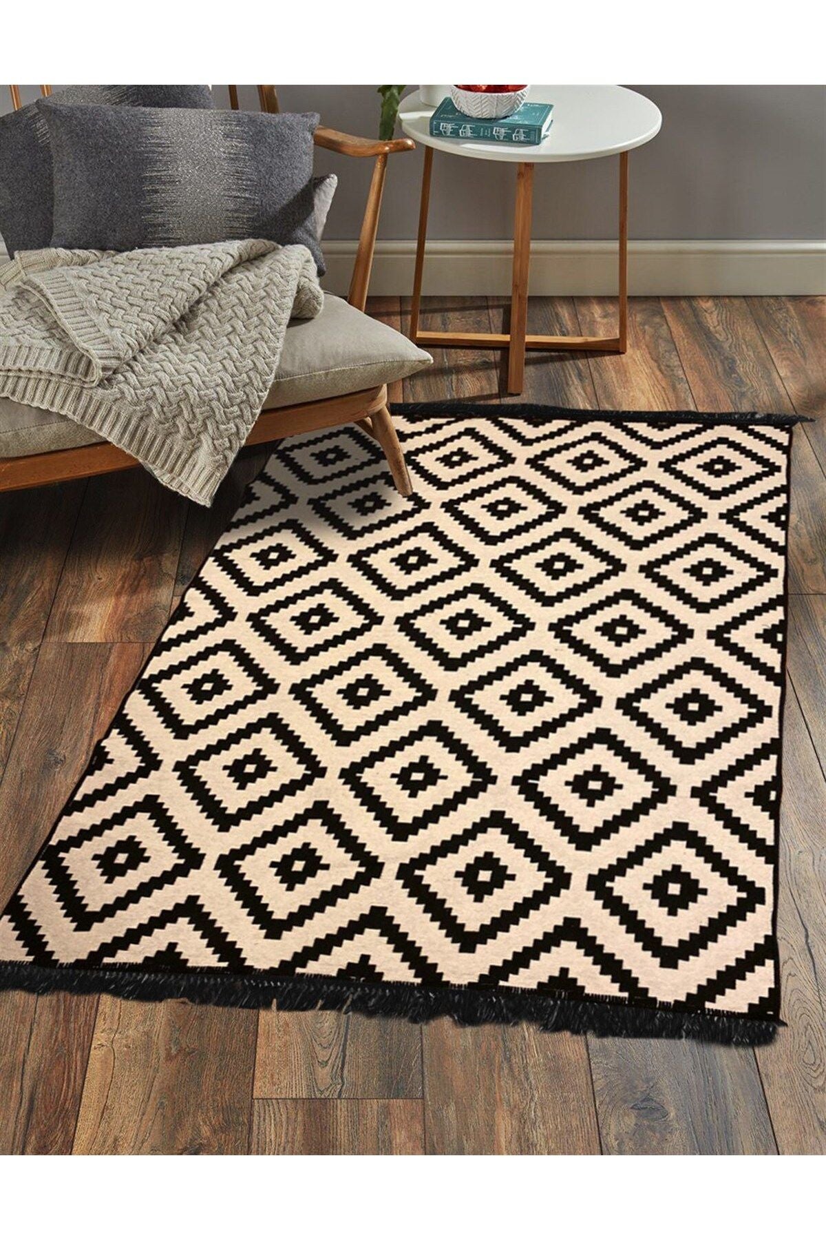 Markaev Cotton Black-White Double-Sided Washable Natural Cotton Kilim 02 4