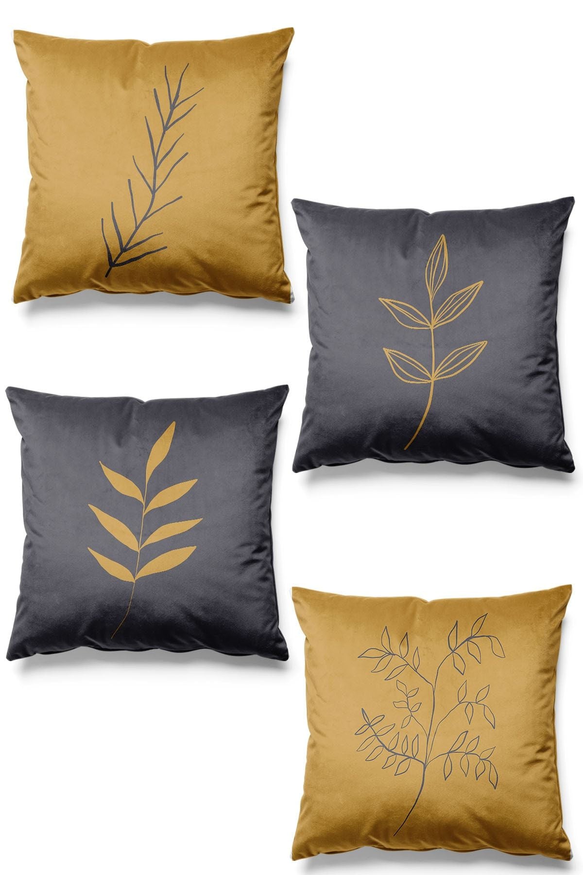 Pilloveland Double-Sided Printed Mustard And Navy Leaf Patterned 4-Piece Suede Cushion Cover 43*43 Cm 1