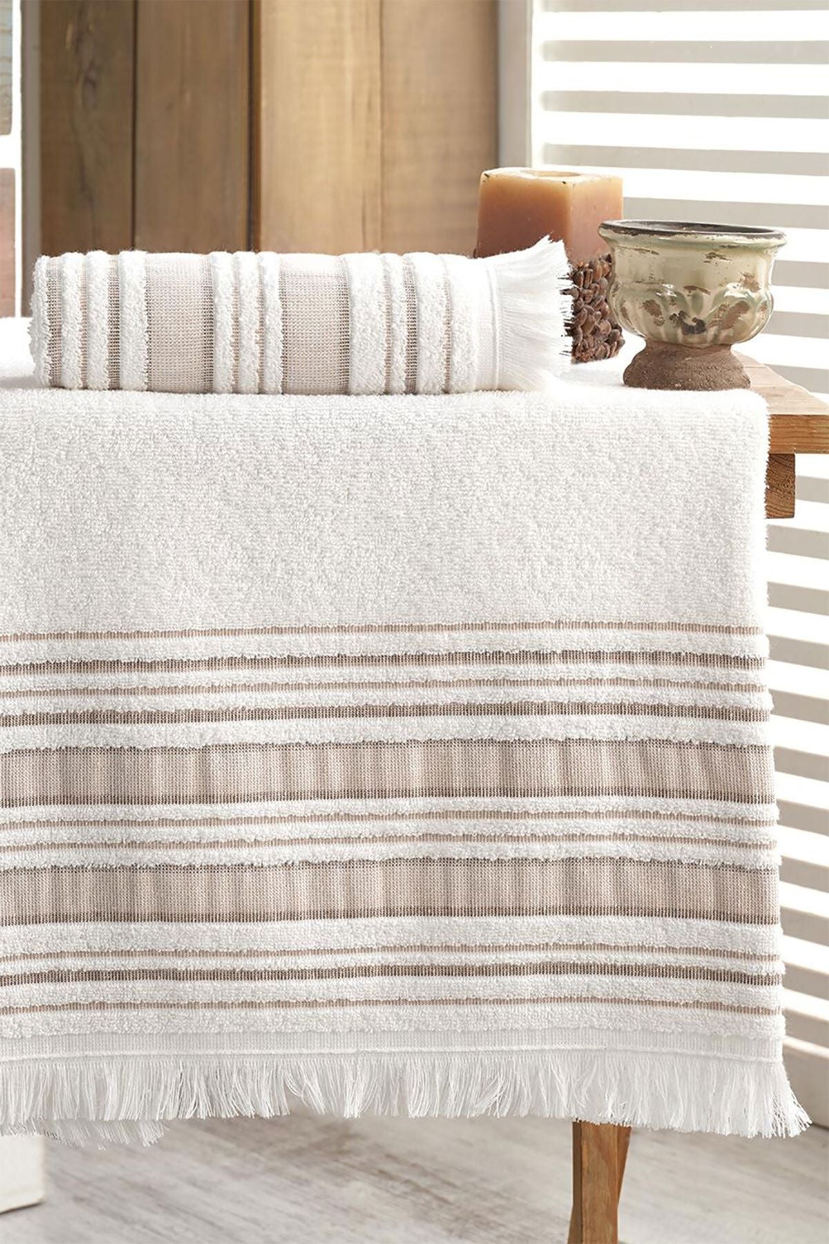 Louis Marie 50x90 + 70x140 Cm Fringed Detail 100% Cotton VIP Brown Bath Towel Set 3