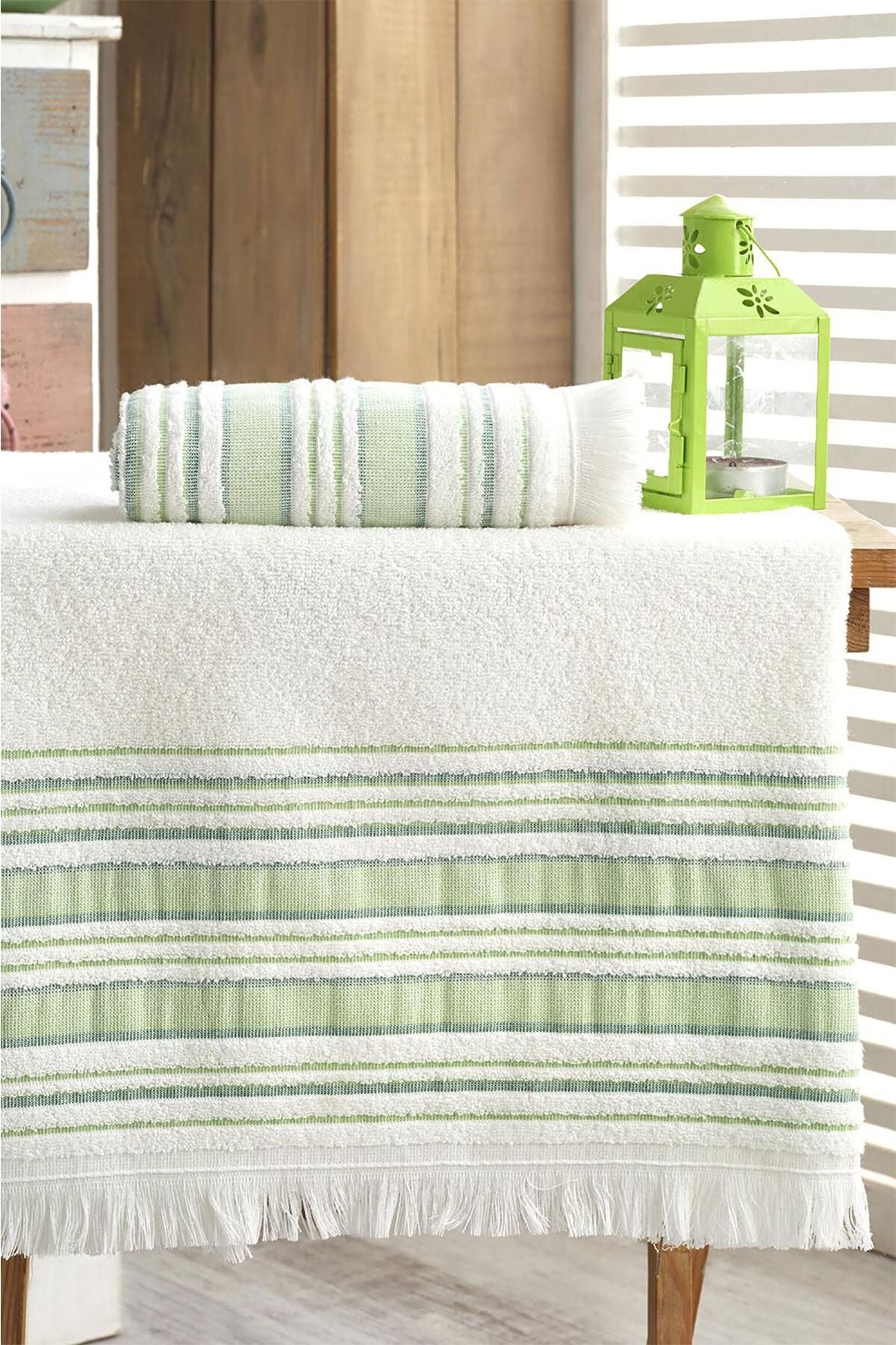 Louis Marie 50x90 + 70x140 cm Fringed Detail Cotton Vip Pistachio Green Bath Towel Set 3