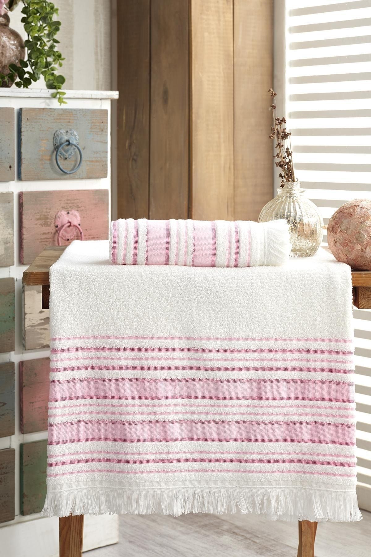 Louis Marie 50x90 + 70x140 Cm Fringed Details 100% Cotton VIP Dark Powder Bathroom Towel Set 1