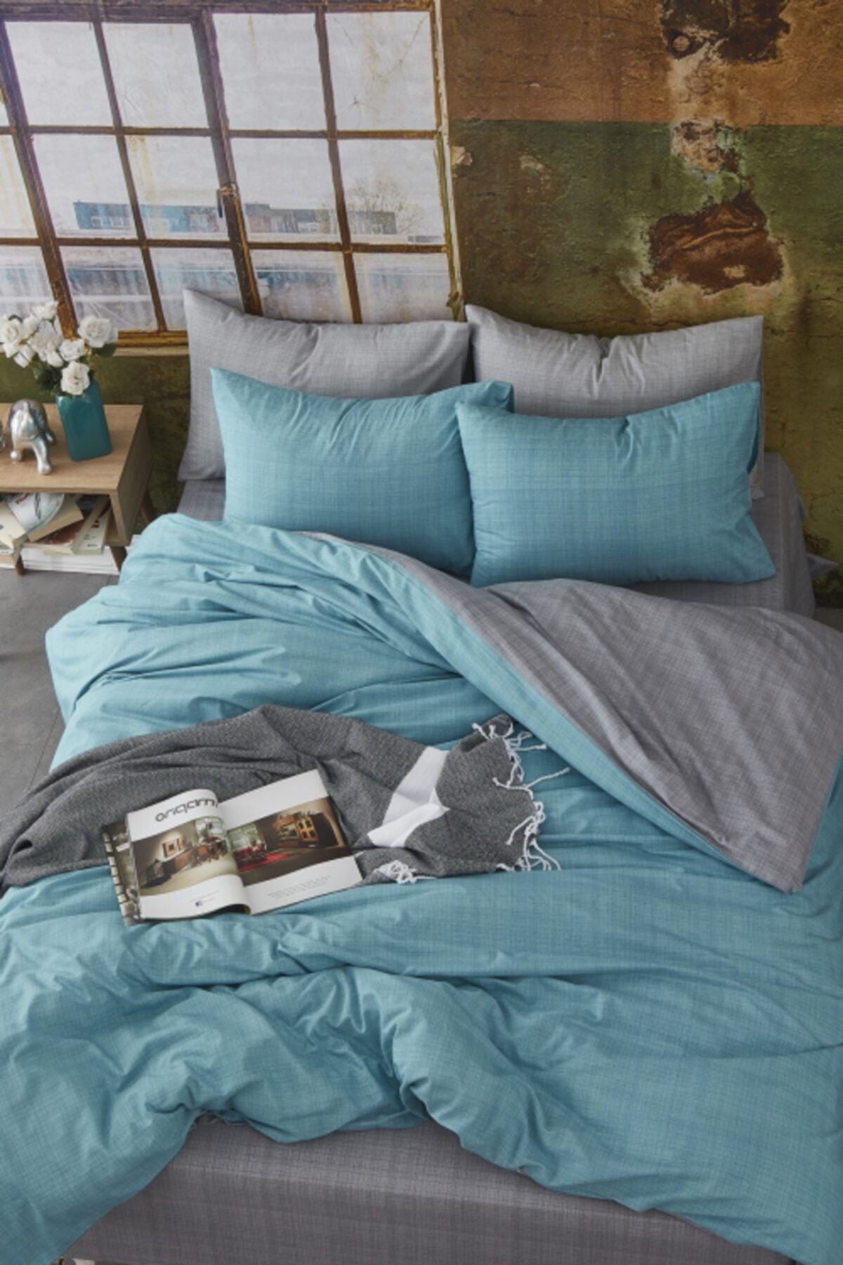 BONJARDINHOME Turquoise Grey Double-Sided Double Bed Duvet Cover Set 2