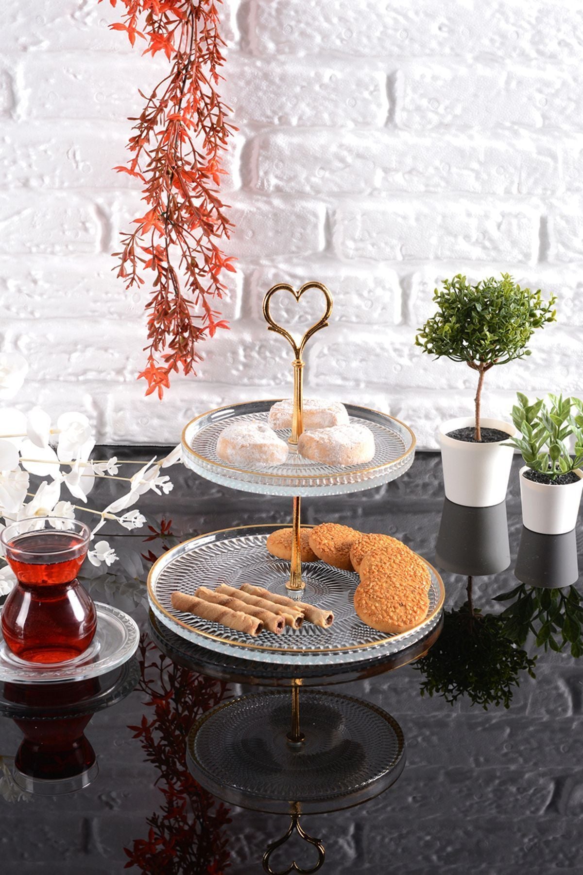 ANGDESIGN Angdesign Marseille Glass Tiered Cookie Stand - Transparent/Gold Edged 2