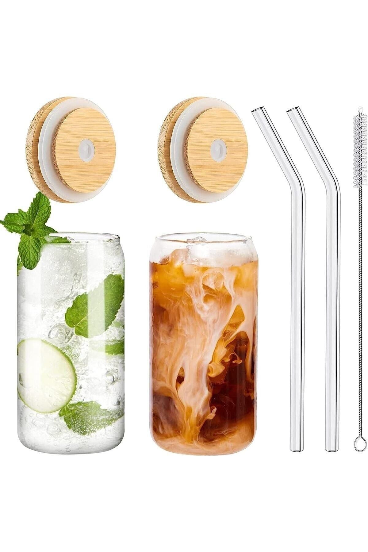 Yenigeldi 2 Pieces Heat Resistant Glass Straw, Wooden Lid, Coffee Juice Glass And 1 Brush 1