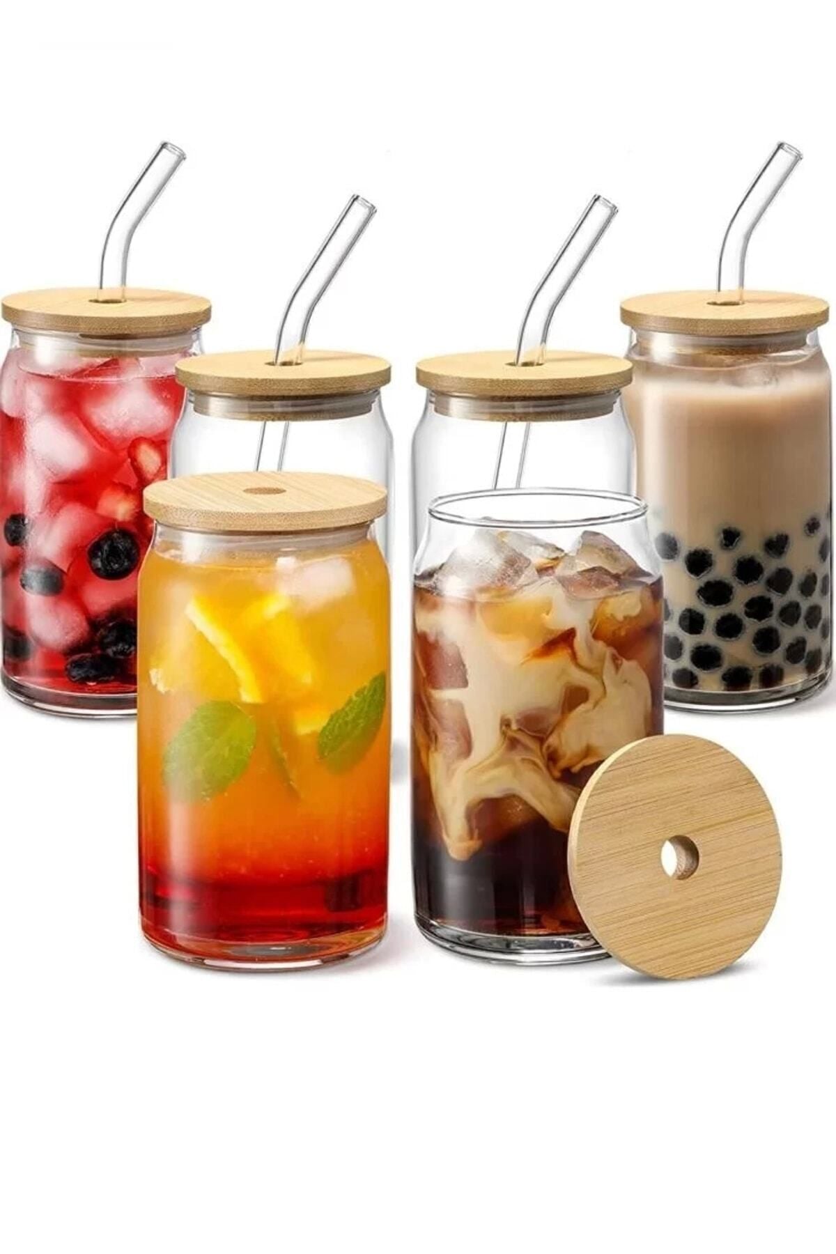 Yenigeldi 2 Pieces Heat Resistant Glass Straw, Wooden Lid, Coffee Juice Glass And 1 Brush 2