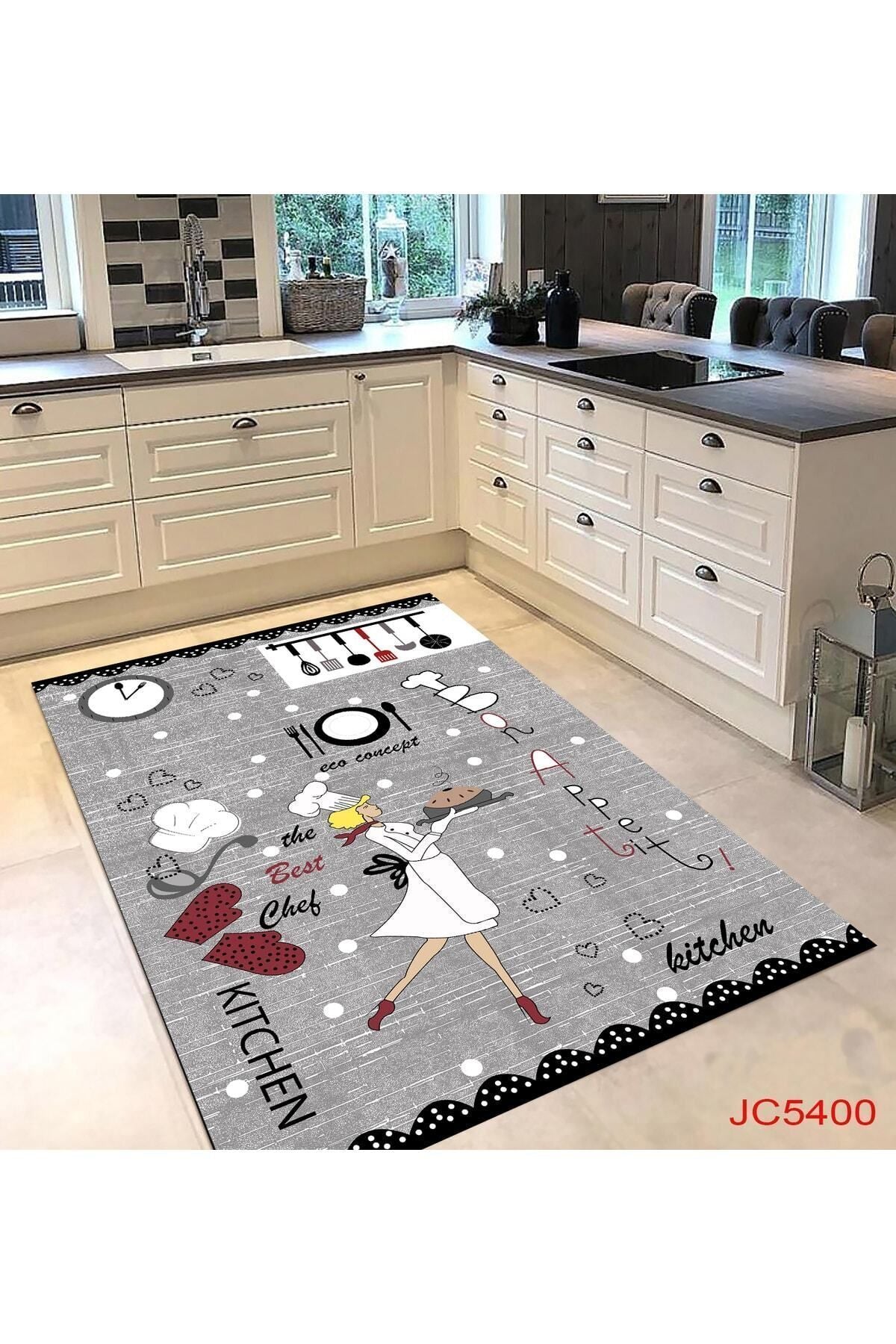 Eco Concept Grey Kitchen Rug, Chef Figure Kitchen Rug, Decorative Kitchen Rug, Washable Kitchen Rug 1