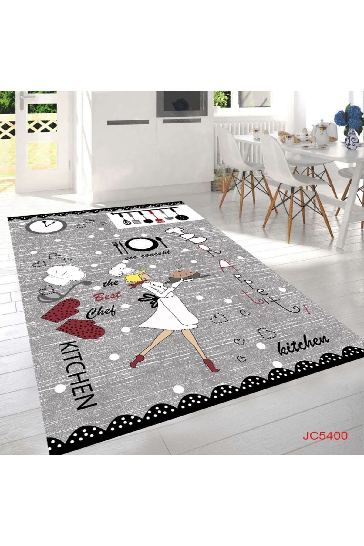 Eco Concept Grey Kitchen Rug, Chef Figure Kitchen Rug, Decorative Kitchen Rug, Washable Kitchen Rug 2