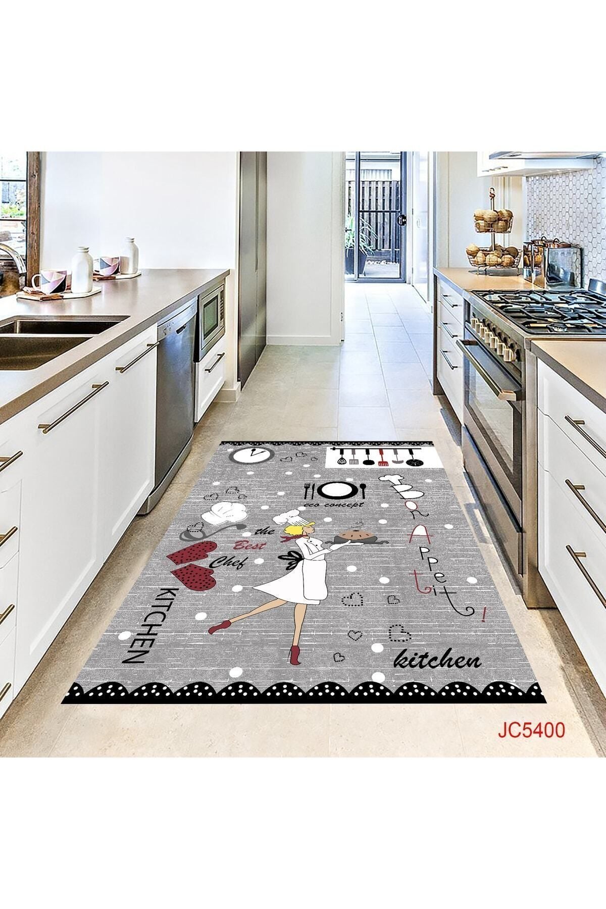 Eco Concept Grey Kitchen Rug, Chef Figure Kitchen Rug, Decorative Kitchen Rug, Washable Kitchen Rug 4